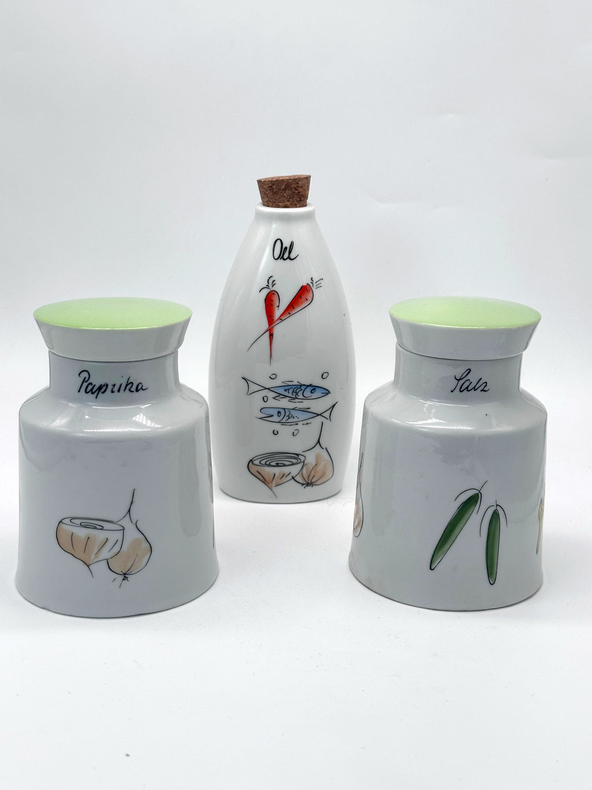 Dreiteiliges Keramik-Küchenset um 1950 für Öl, Salz und Paprika