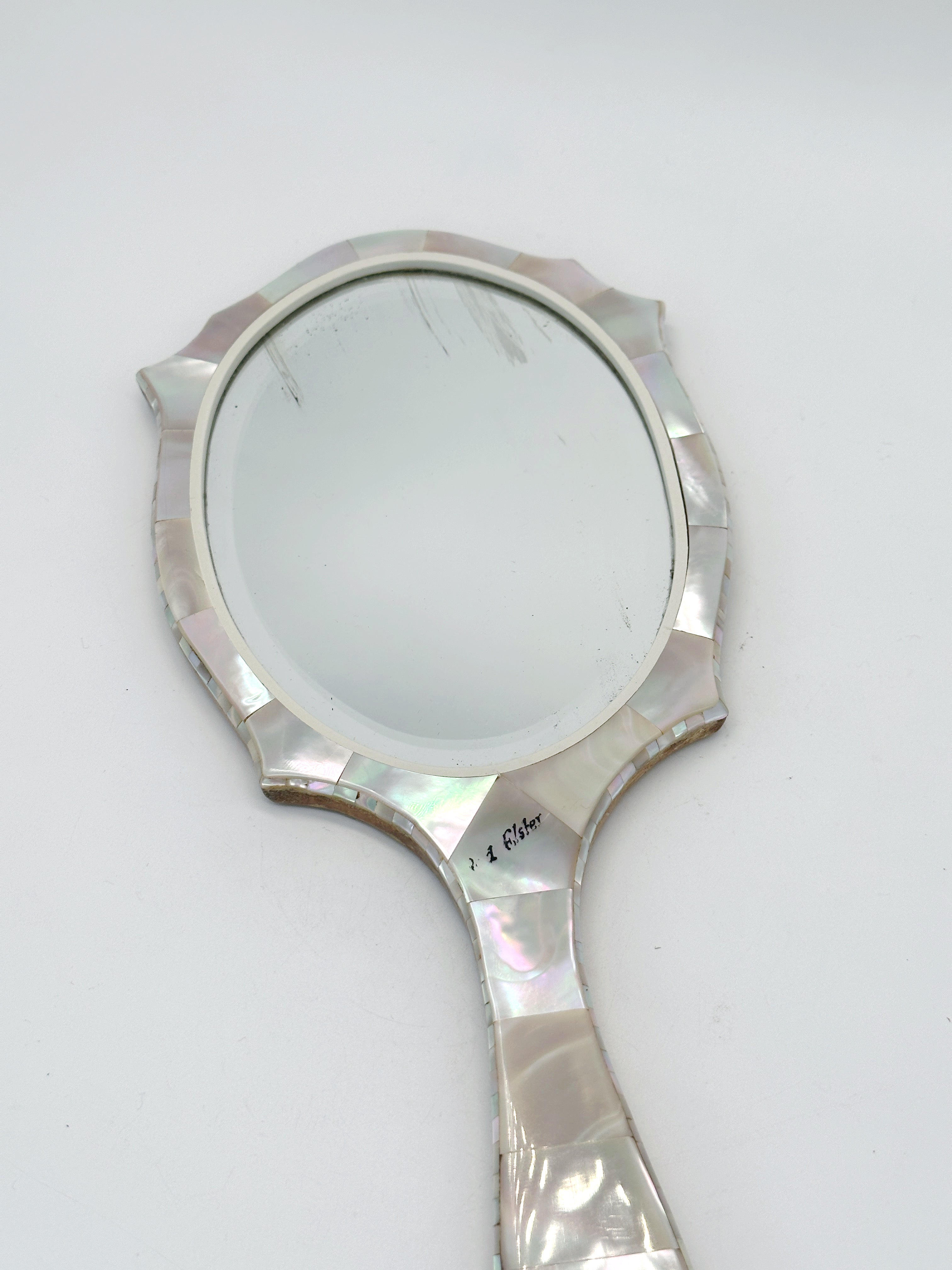 Antiker Handspiegel mit Perlmutt und Holzintarsien