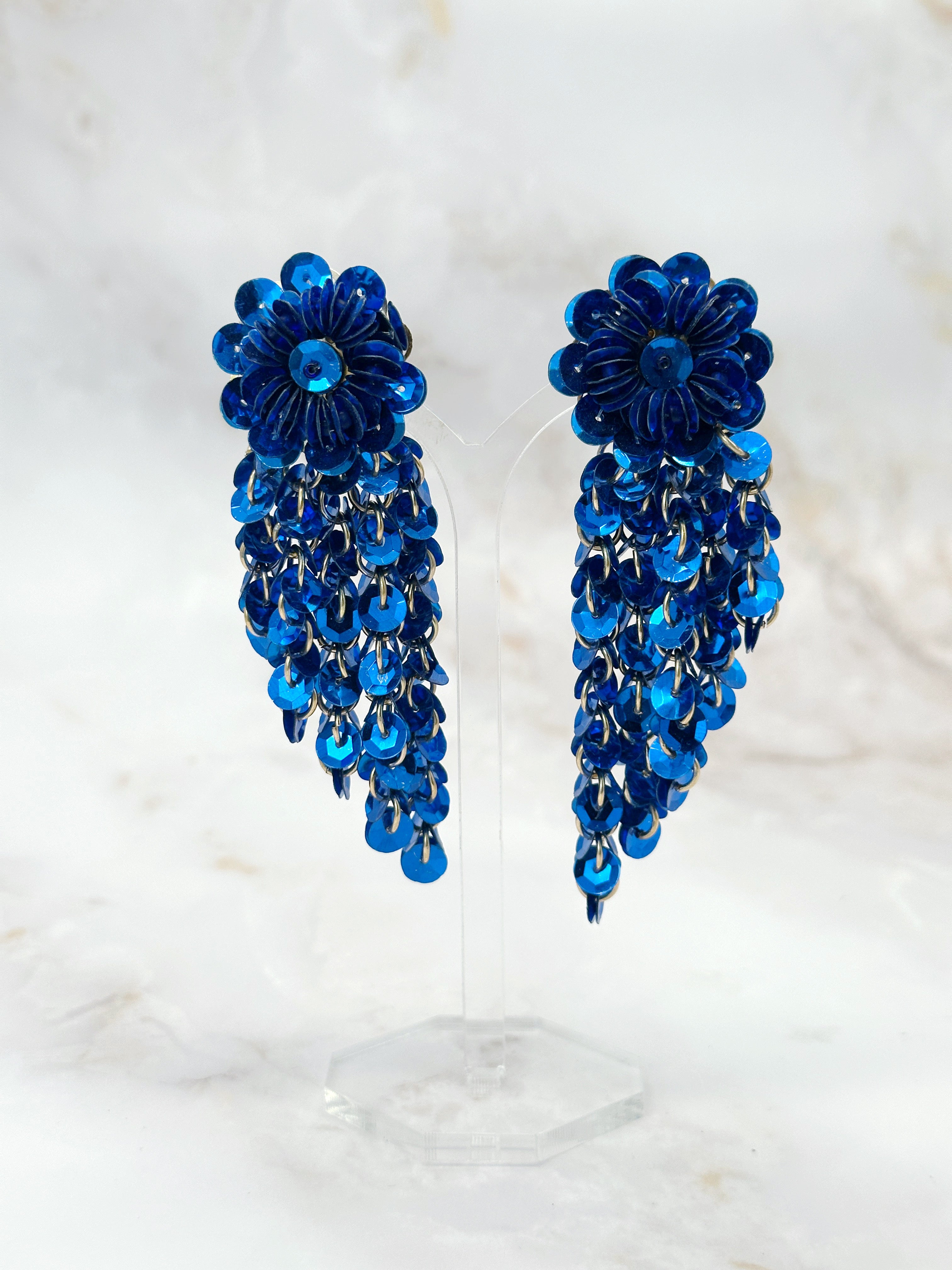 Vintage Wasserfall Ohrclips mit Pailletten in Blitzblau, 60er/70er Jahre
