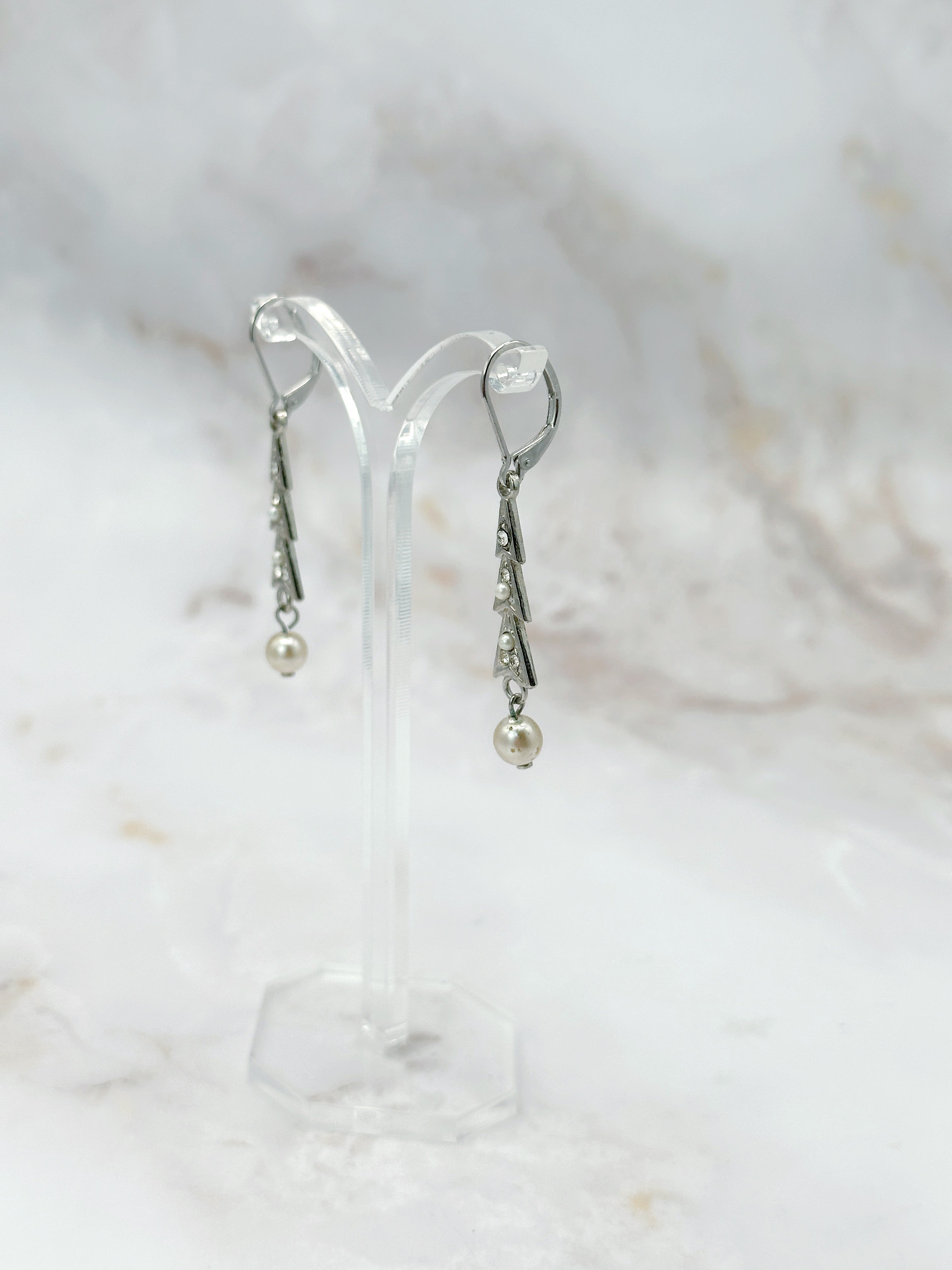Vintage Ohrgehänge mit Dreiecken, Strass und Imitationsperlen