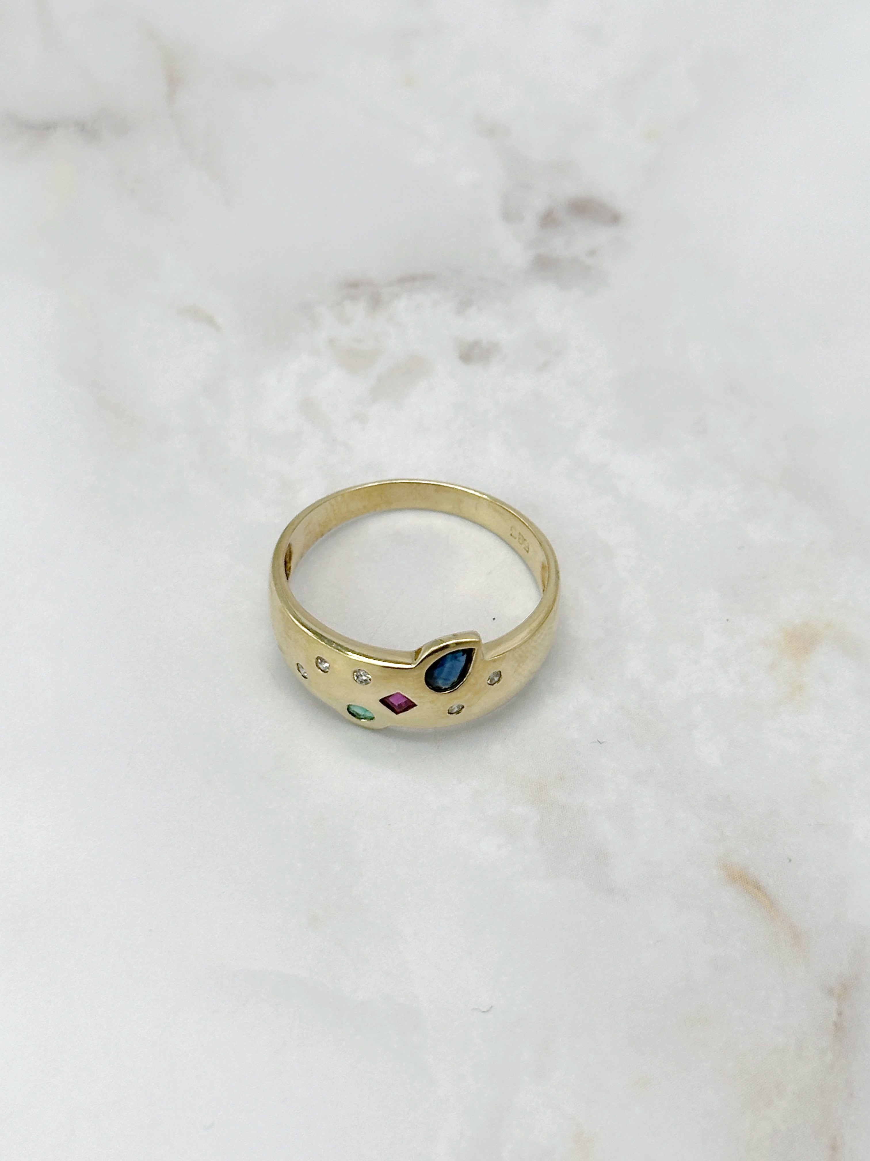 Verspielter Vintage Ring in 585 Gelbgold mit Rubin, Saphir und Diamant
