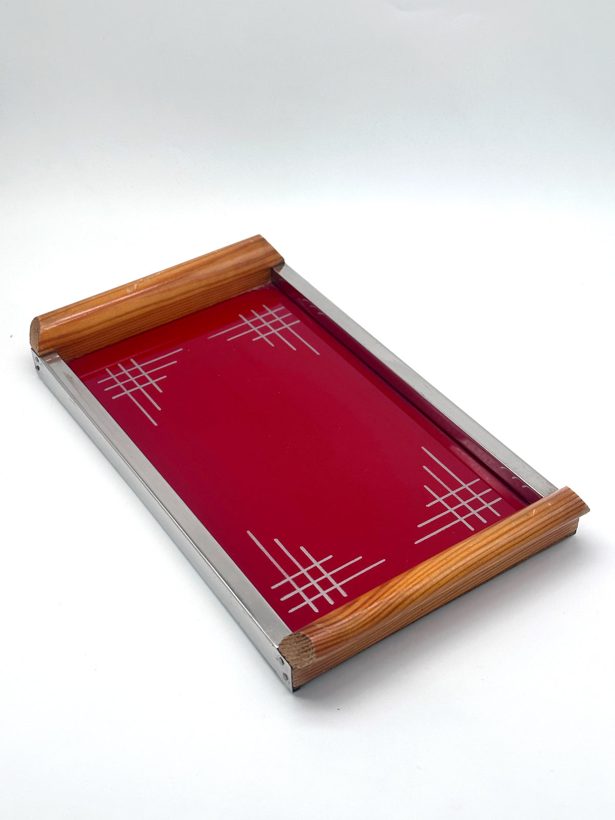 Mid-Century Tablett in Rot mit Holz, Glas und Metall