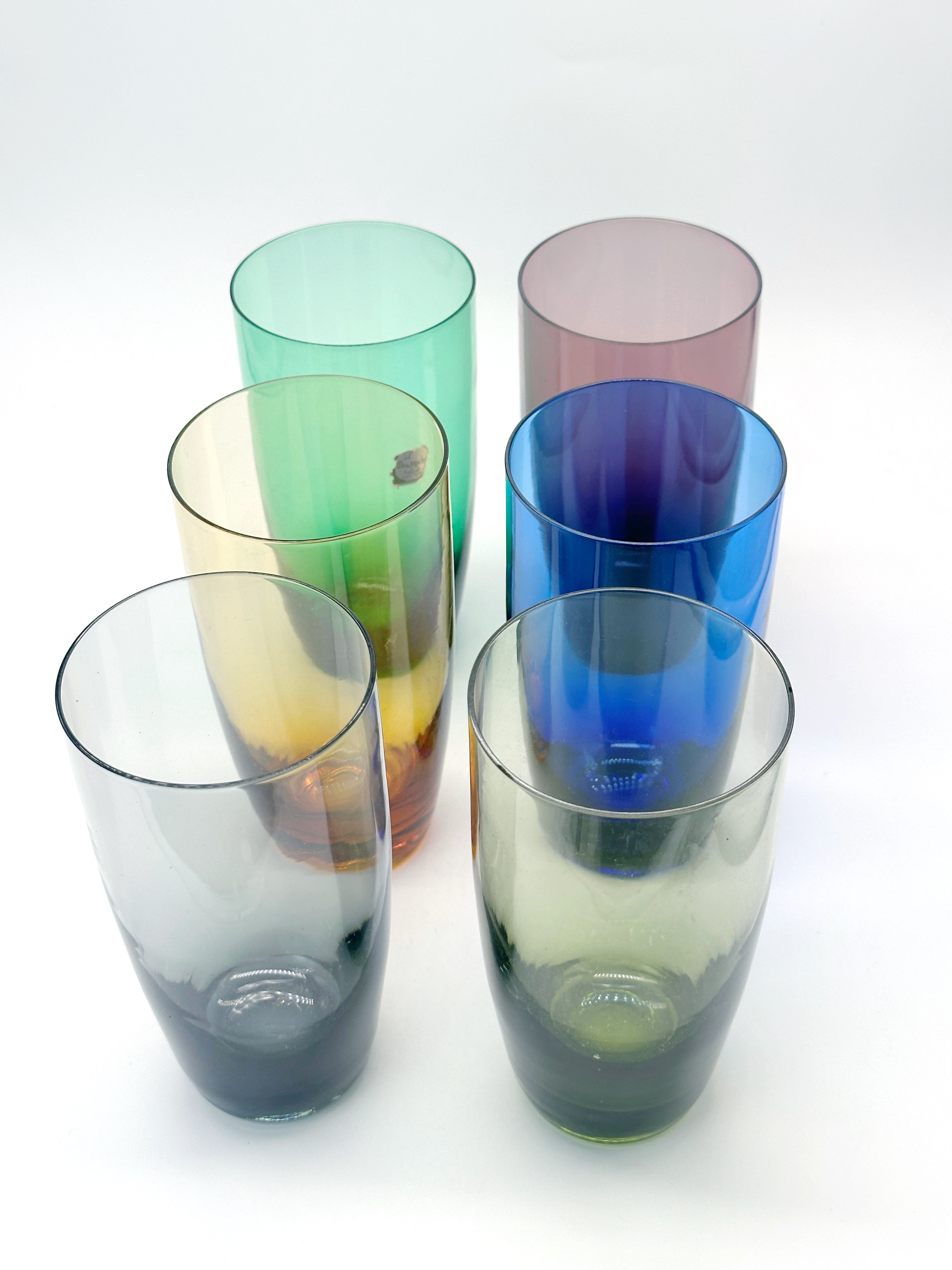 6er Set bunte Wassergläser Kristalunie Niederlande um 1956