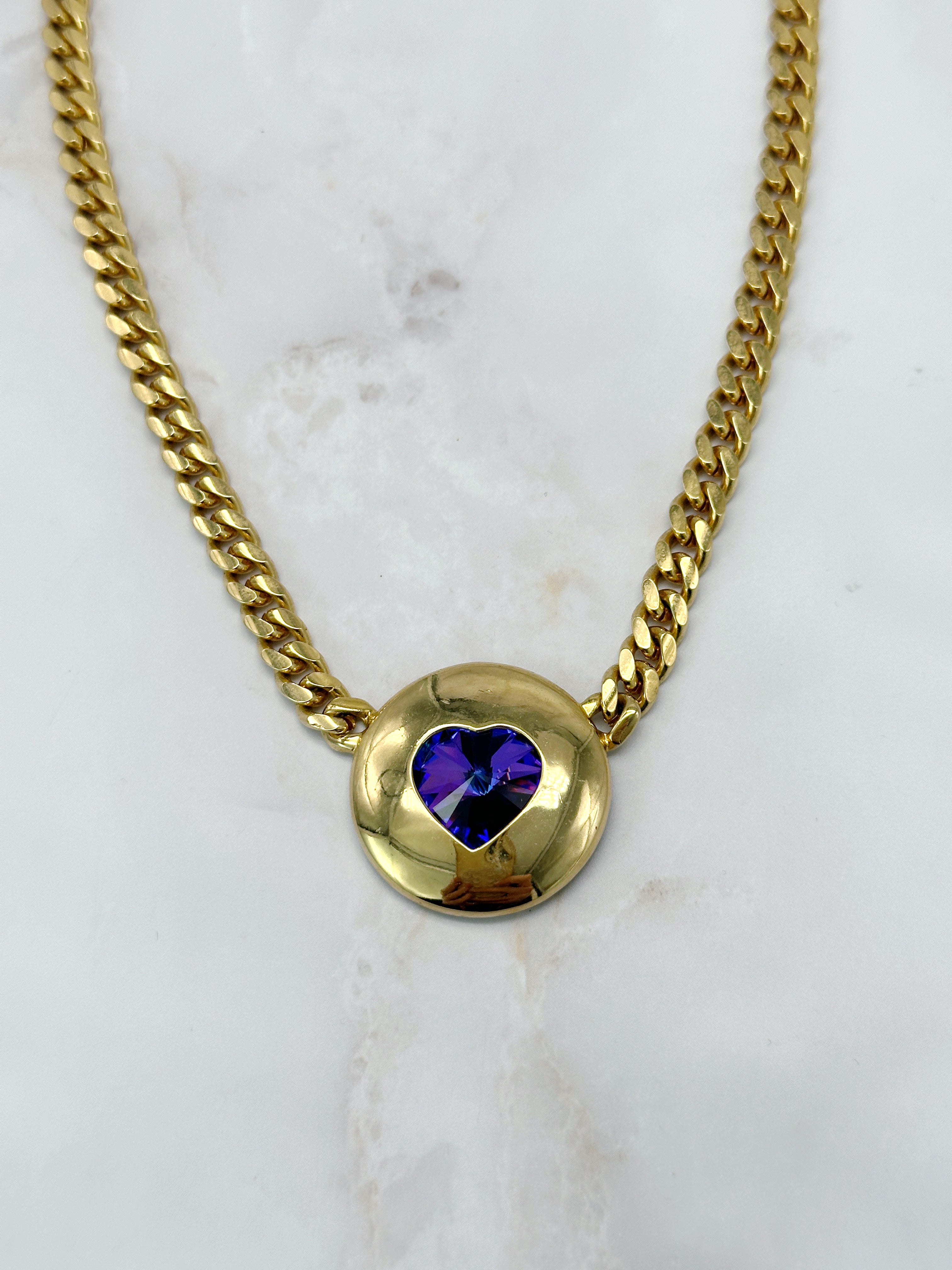 Vergoldete Vintage Panzerkette mit changierendem Herz-Mittelstück in Lila-Blau