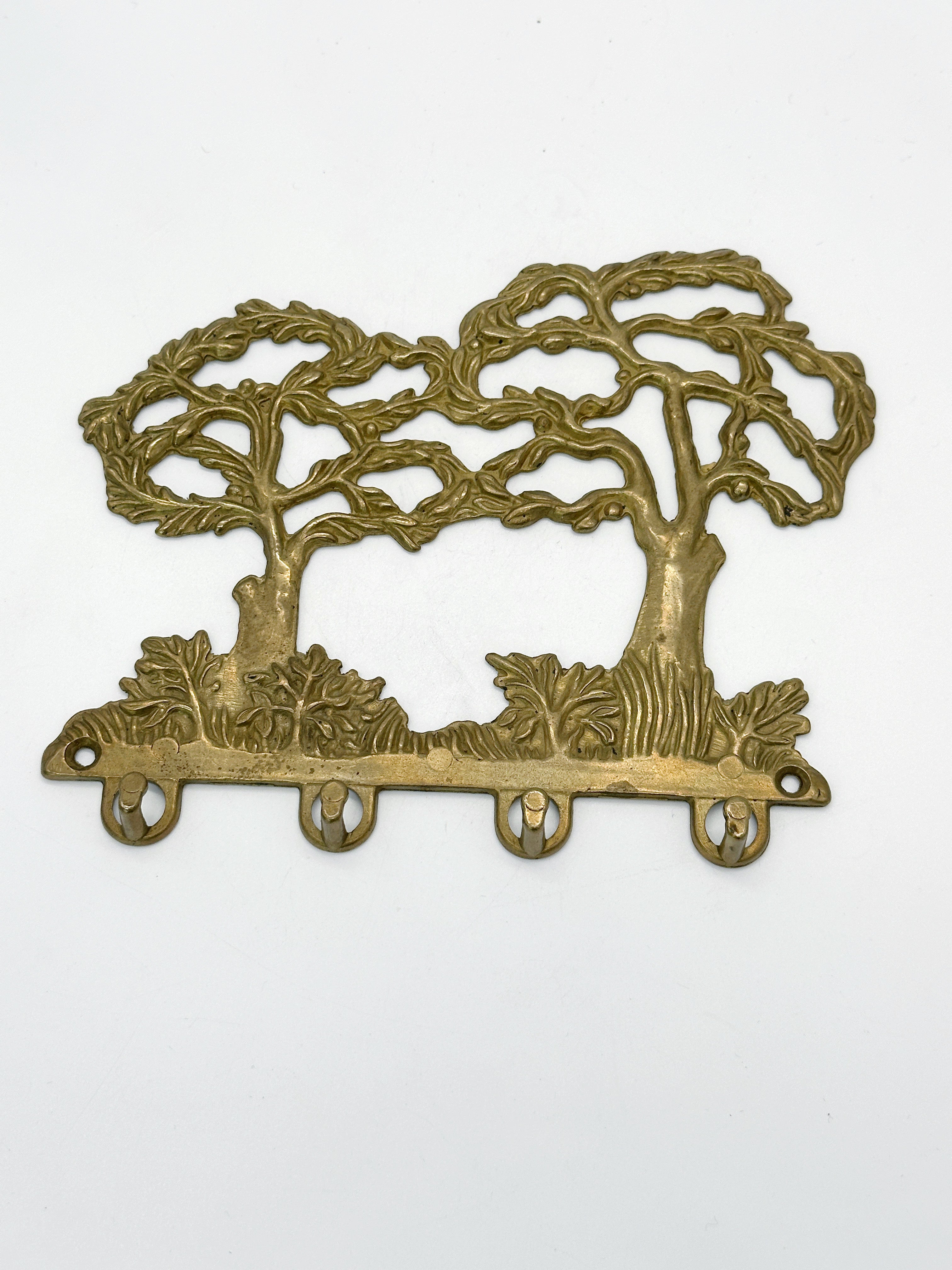 Vintage Schlüsselbrett aus Messing mit Baummotiv und 4 Haken