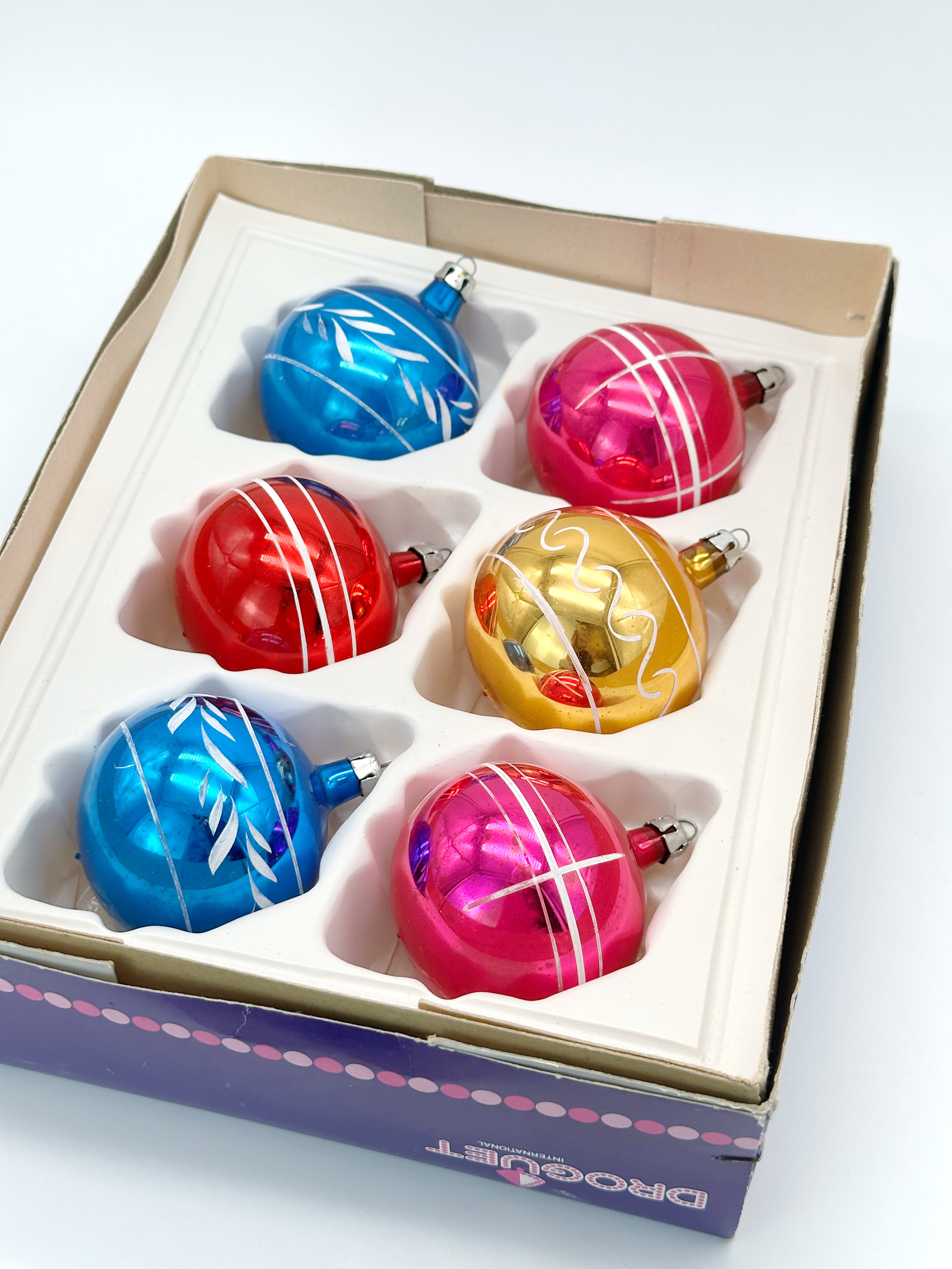 Set aus 6 bunten Vintage Weihnachtskugeln