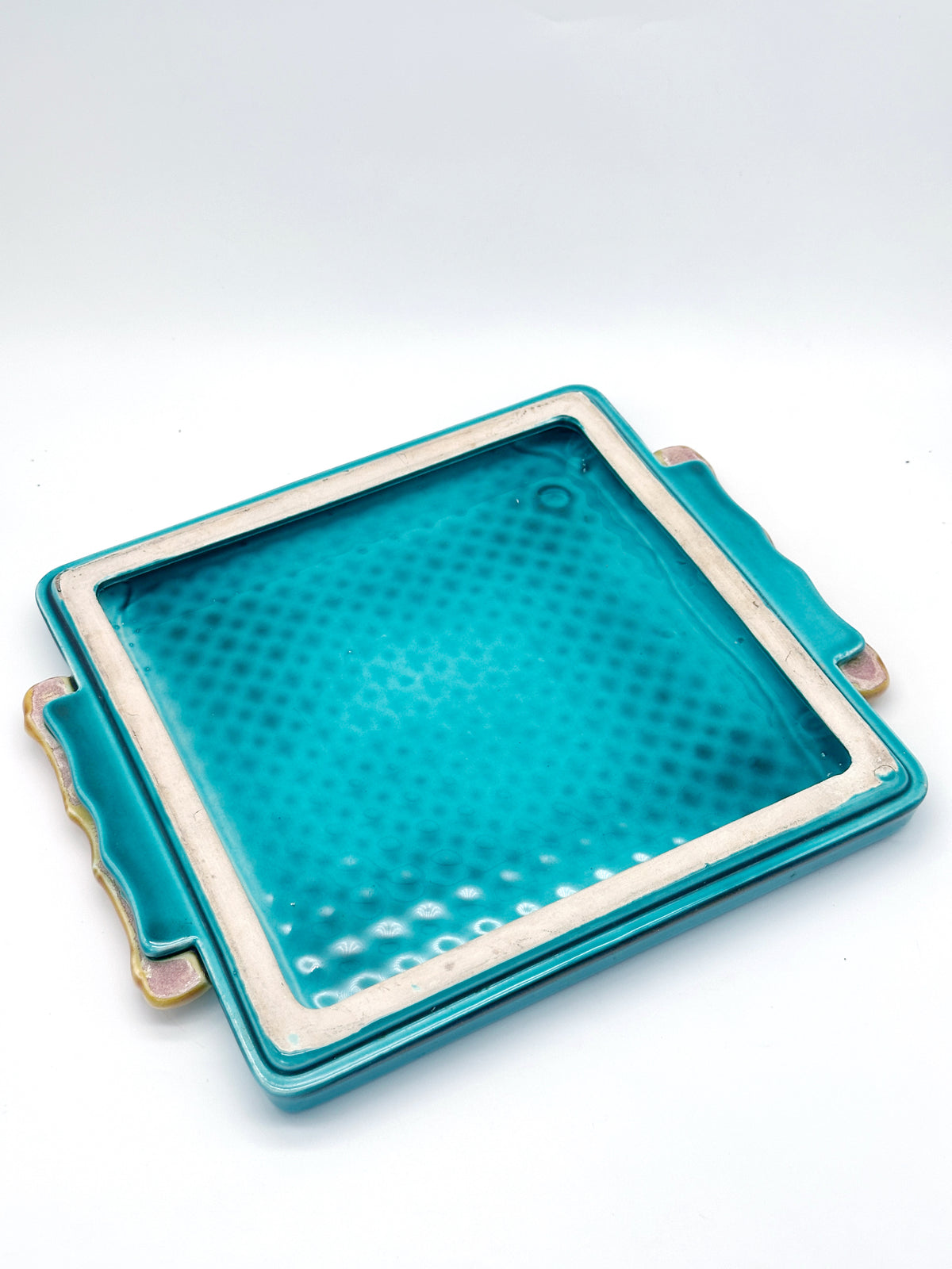 Vintage Servierplatte aus Keramik in Türkis und Gelb