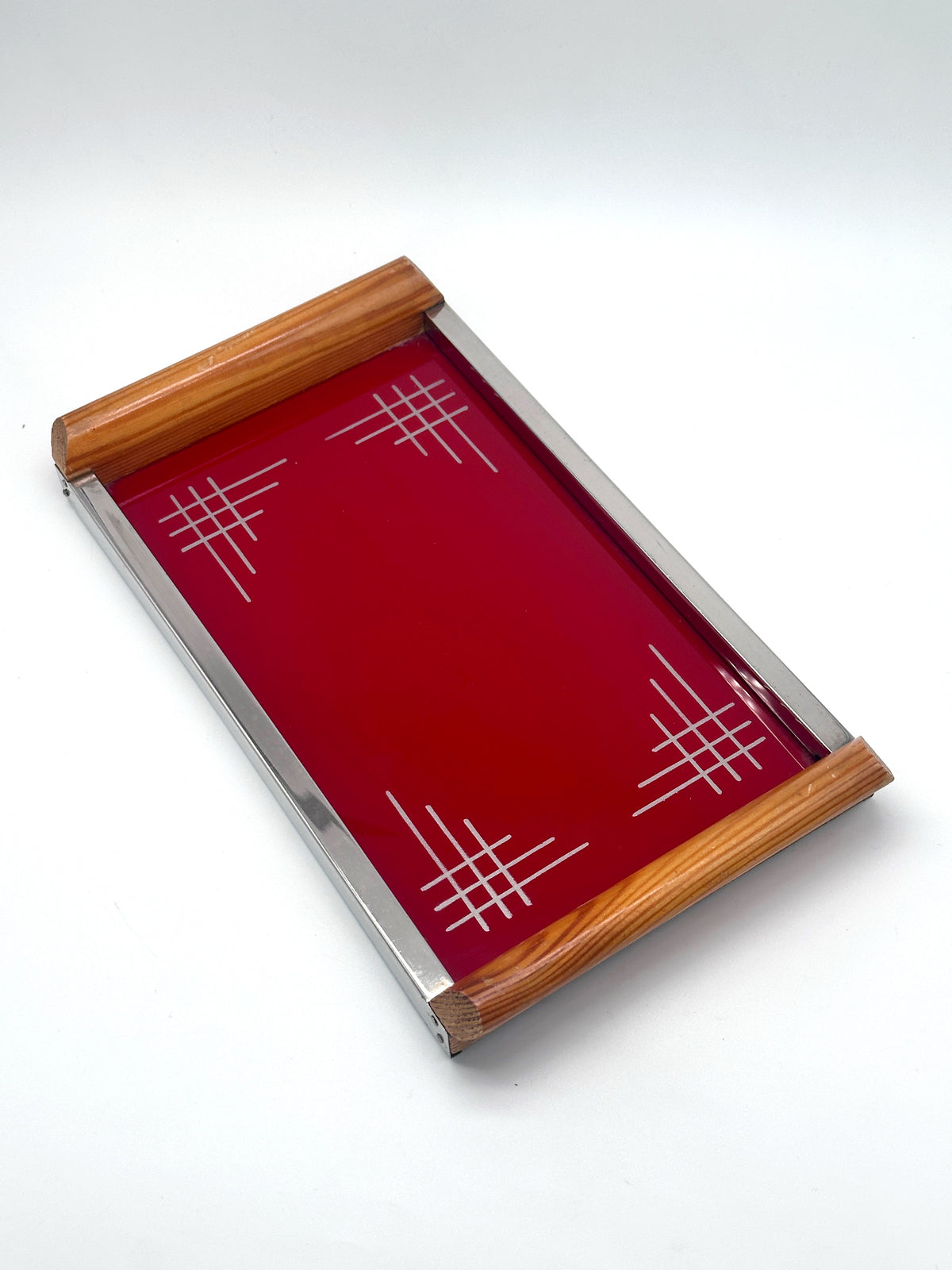 Mid-Century Tablett in Rot mit Holz, Glas und Metall