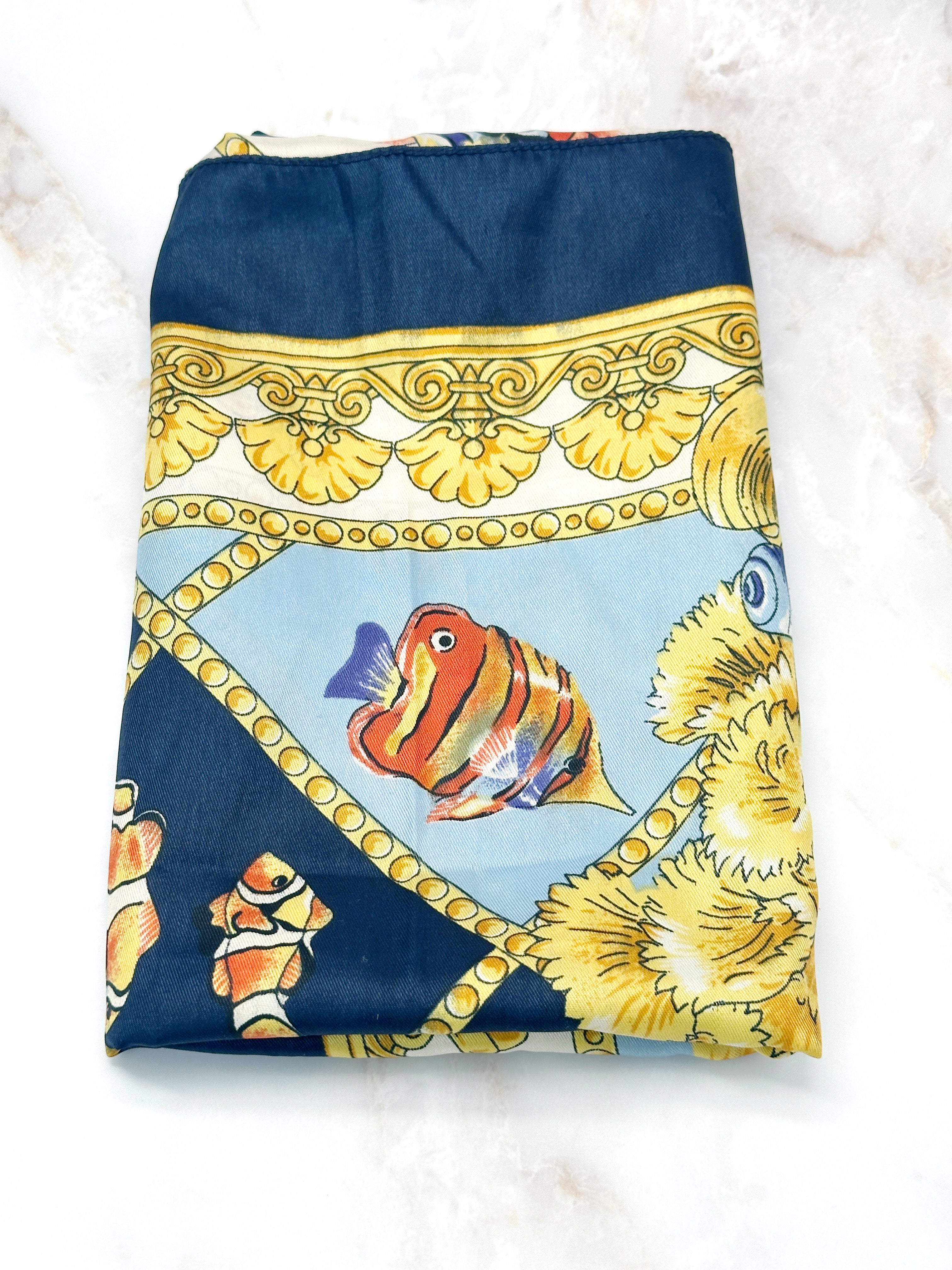 Vintage silk scarf with fish motif blue &amp; coral