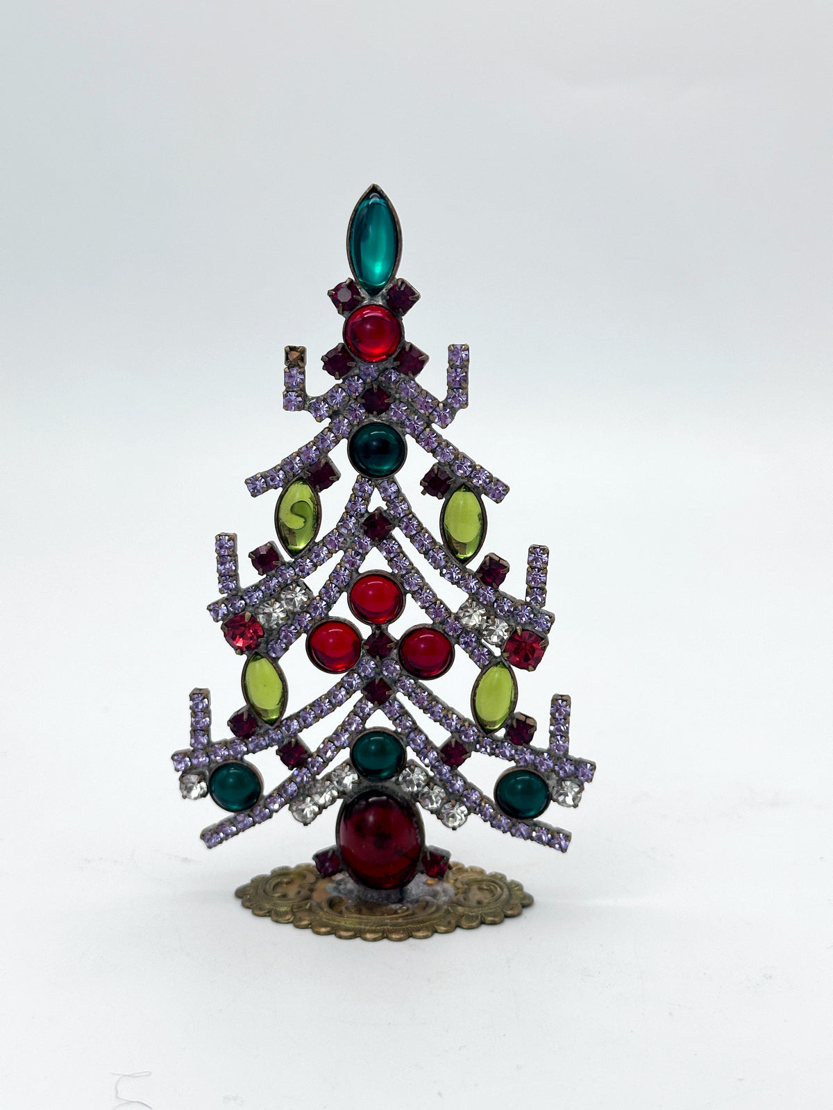 Gablonzer Weihnachtsbaum mit Glassteinen in Rosarot, Gelb und Grün