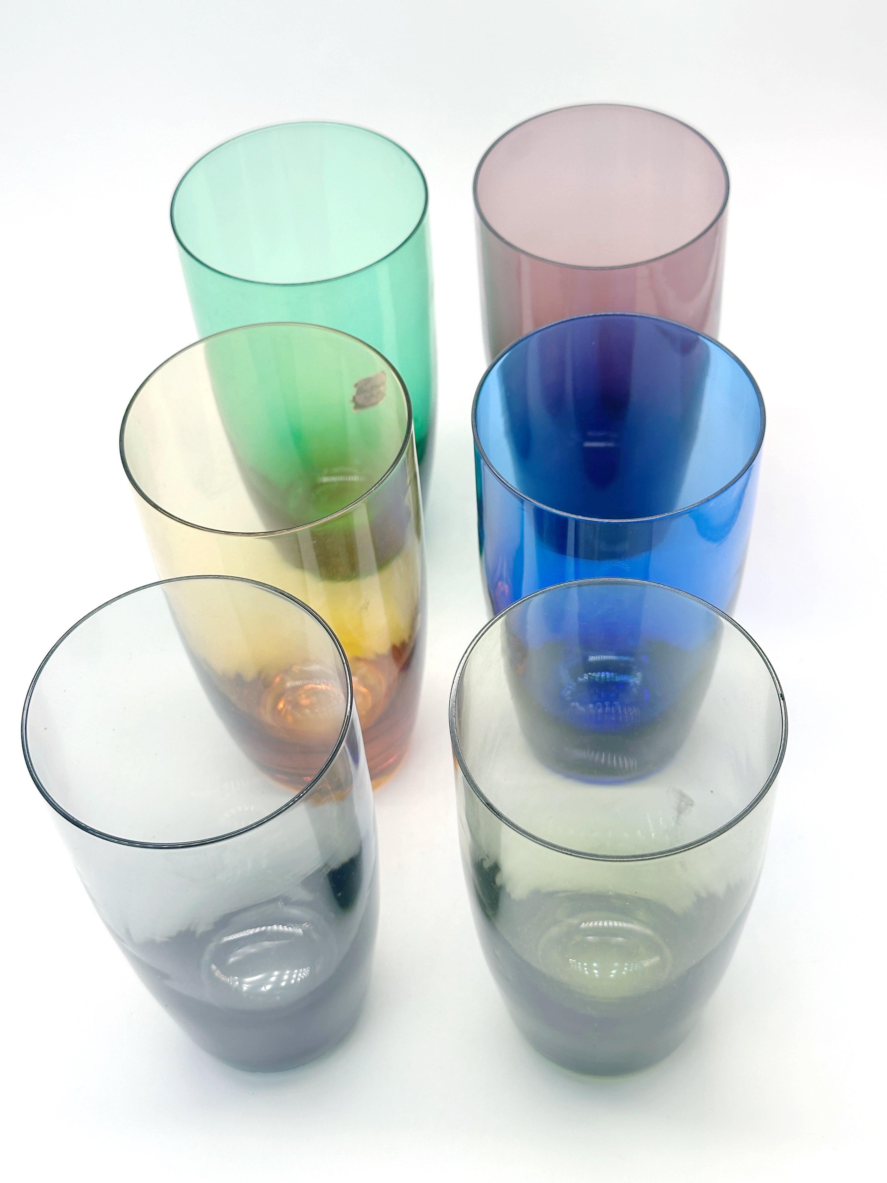 6er Set bunte Wassergläser Kristalunie Niederlande um 1956