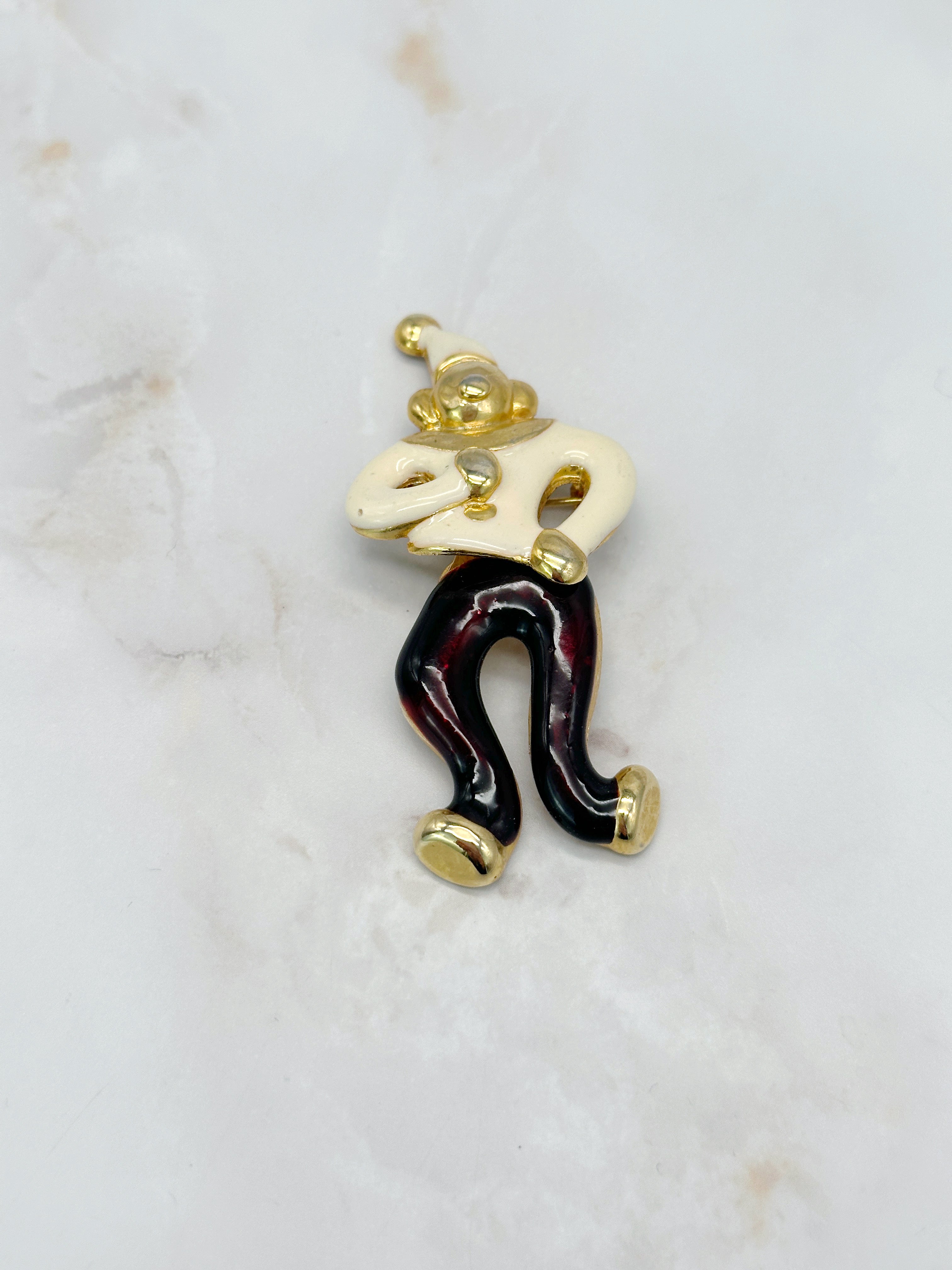 Verspielte Vintage Clown Brosche mit Emaille und beweglichem Detail