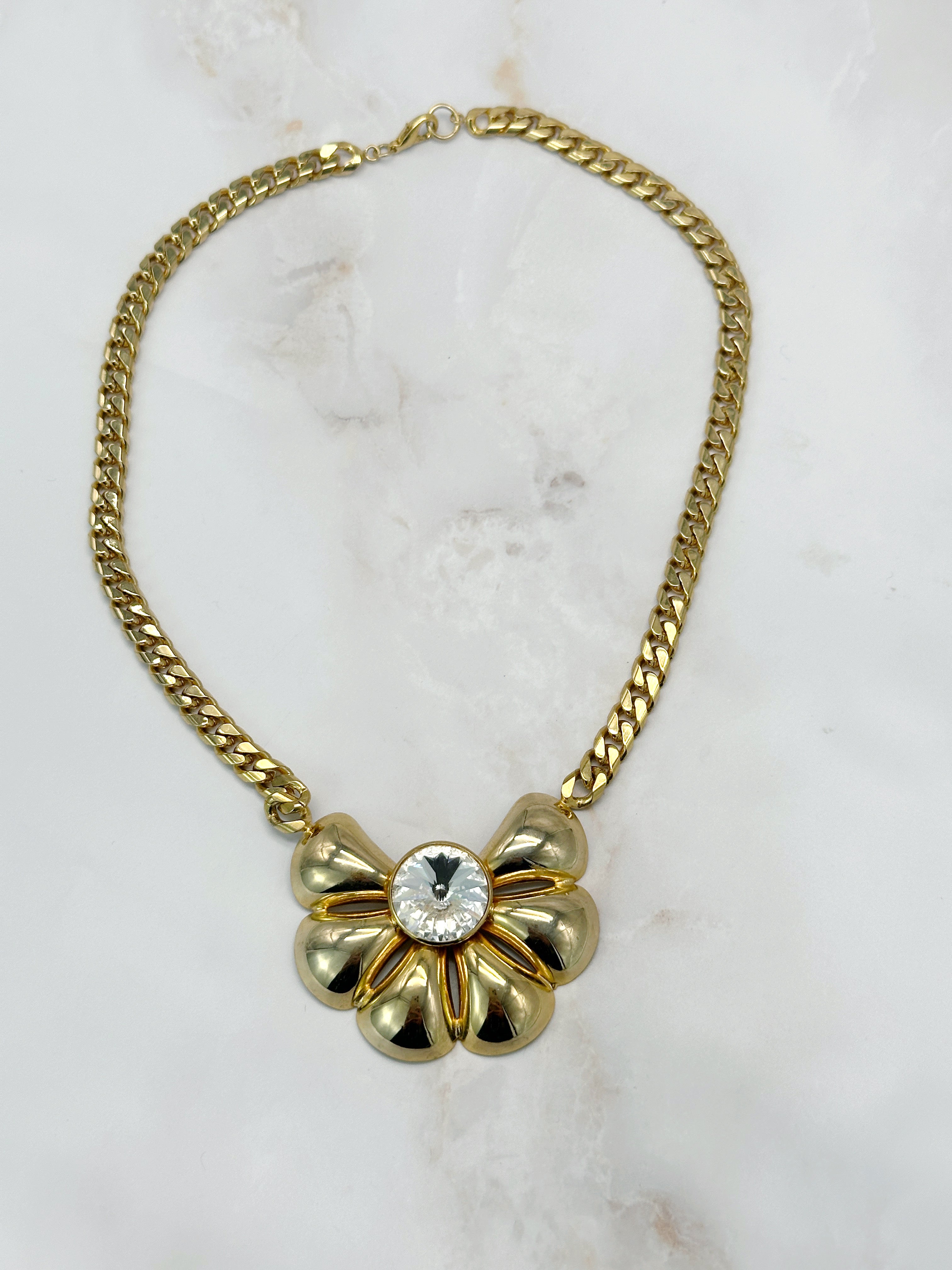 Ausgefallene Vintage Panzerkette mit blumenartigem Strass-Mittelstück