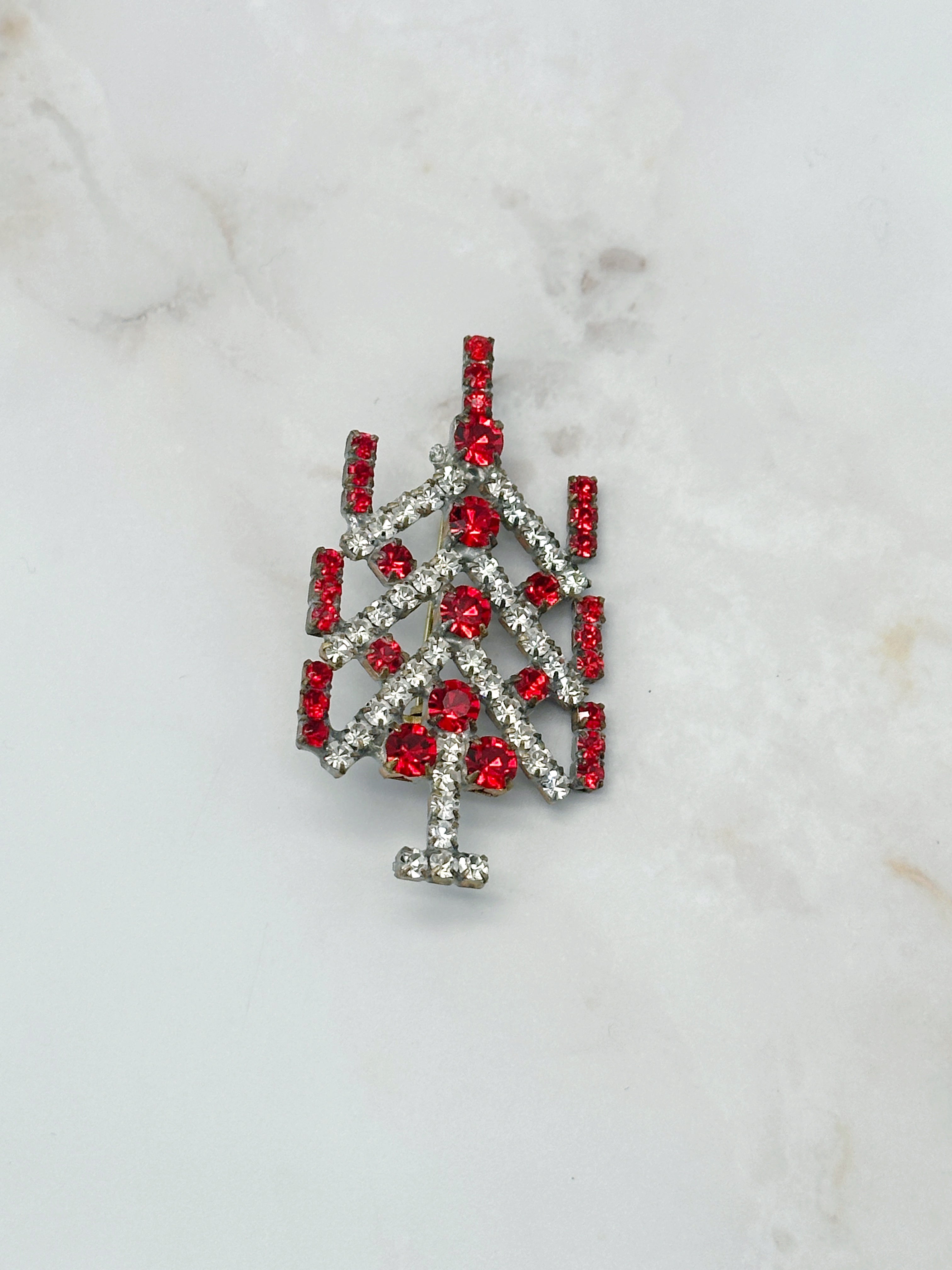 Geometrische Art Déco Brosche Rot & Kristall