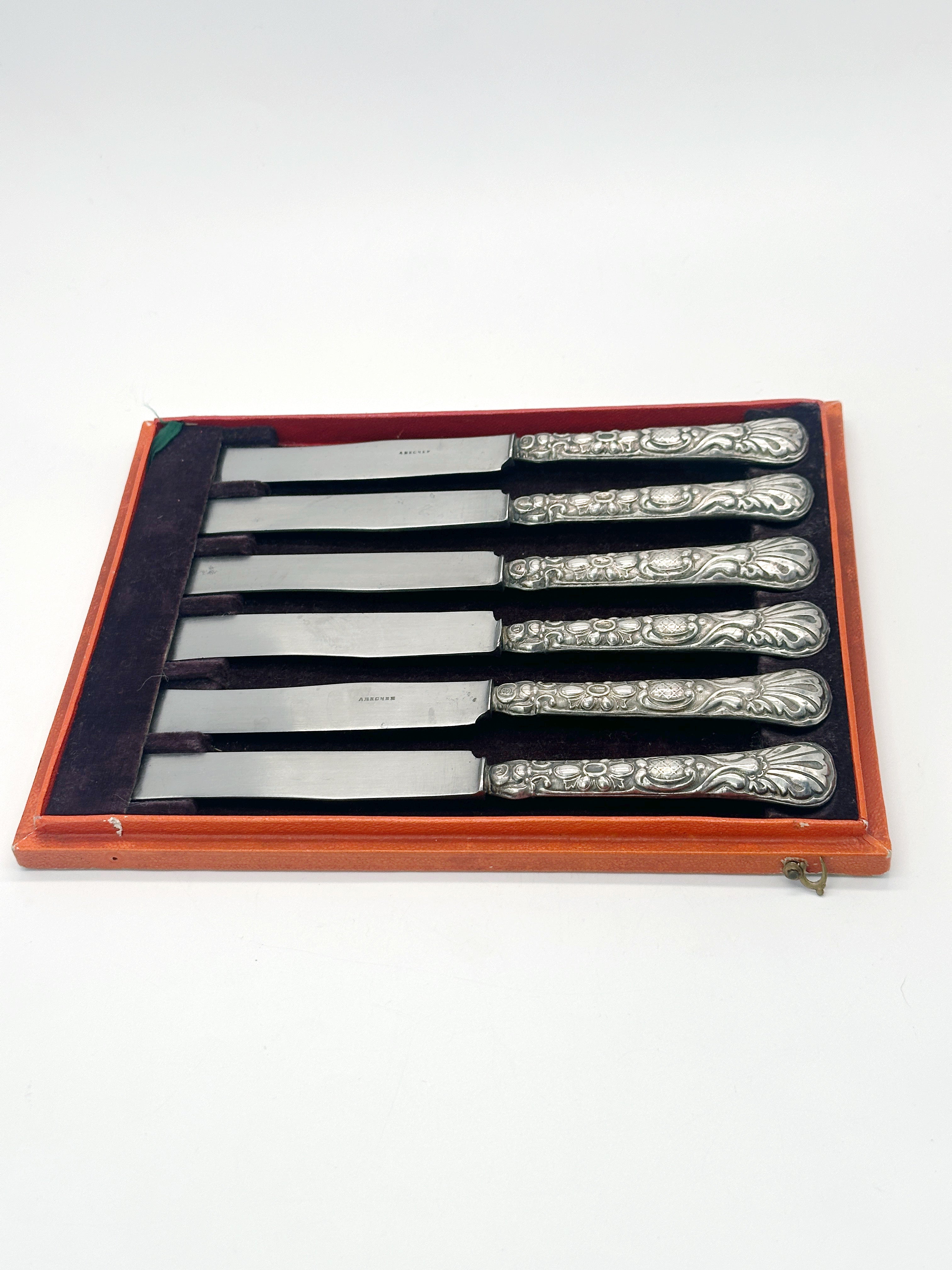 Antikes 6er Set Obst- und Käsemesser A. Becher Österreich um 1880