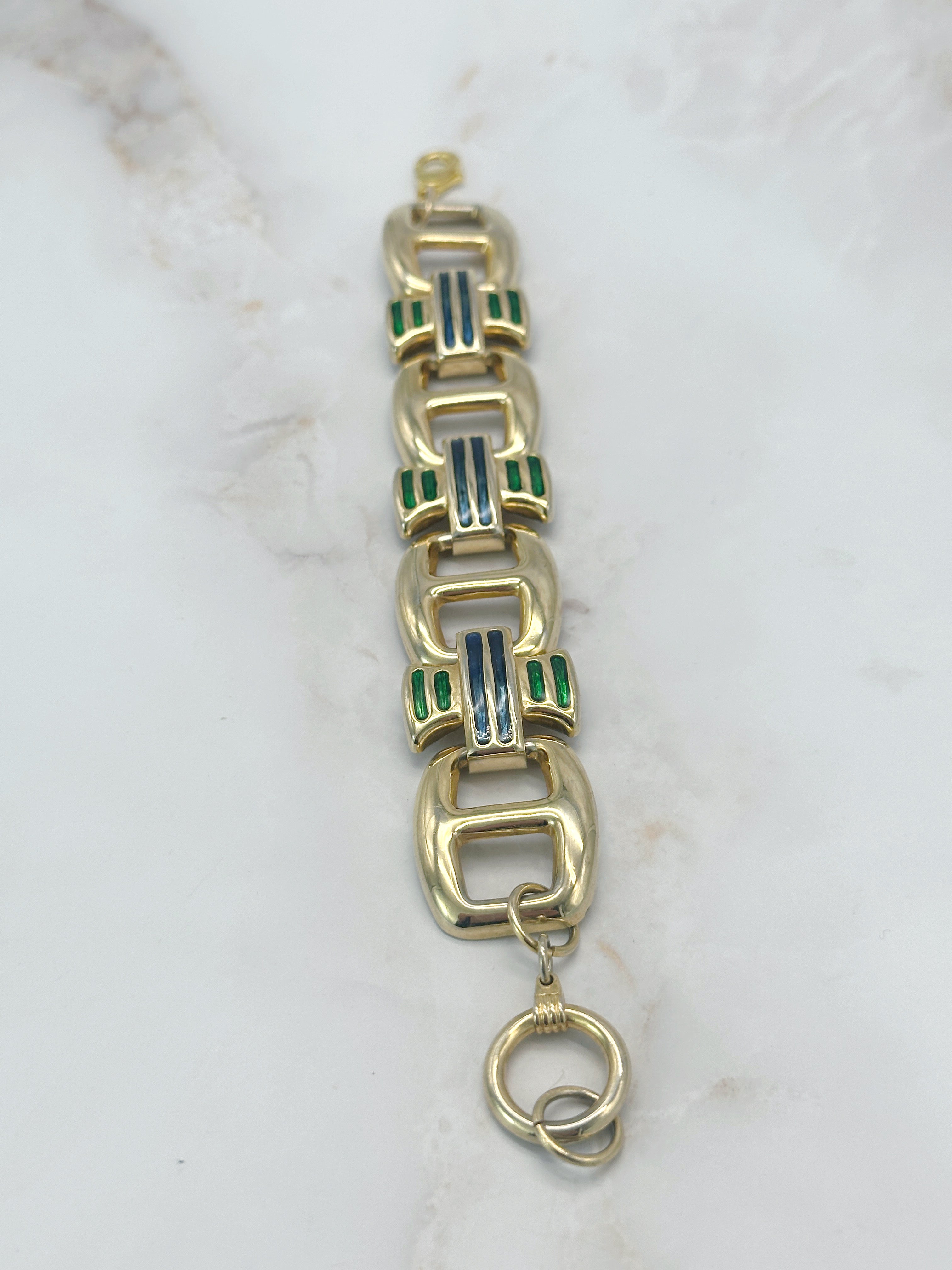 Vintage Bracelet Gold Plated Enamel Green Blue