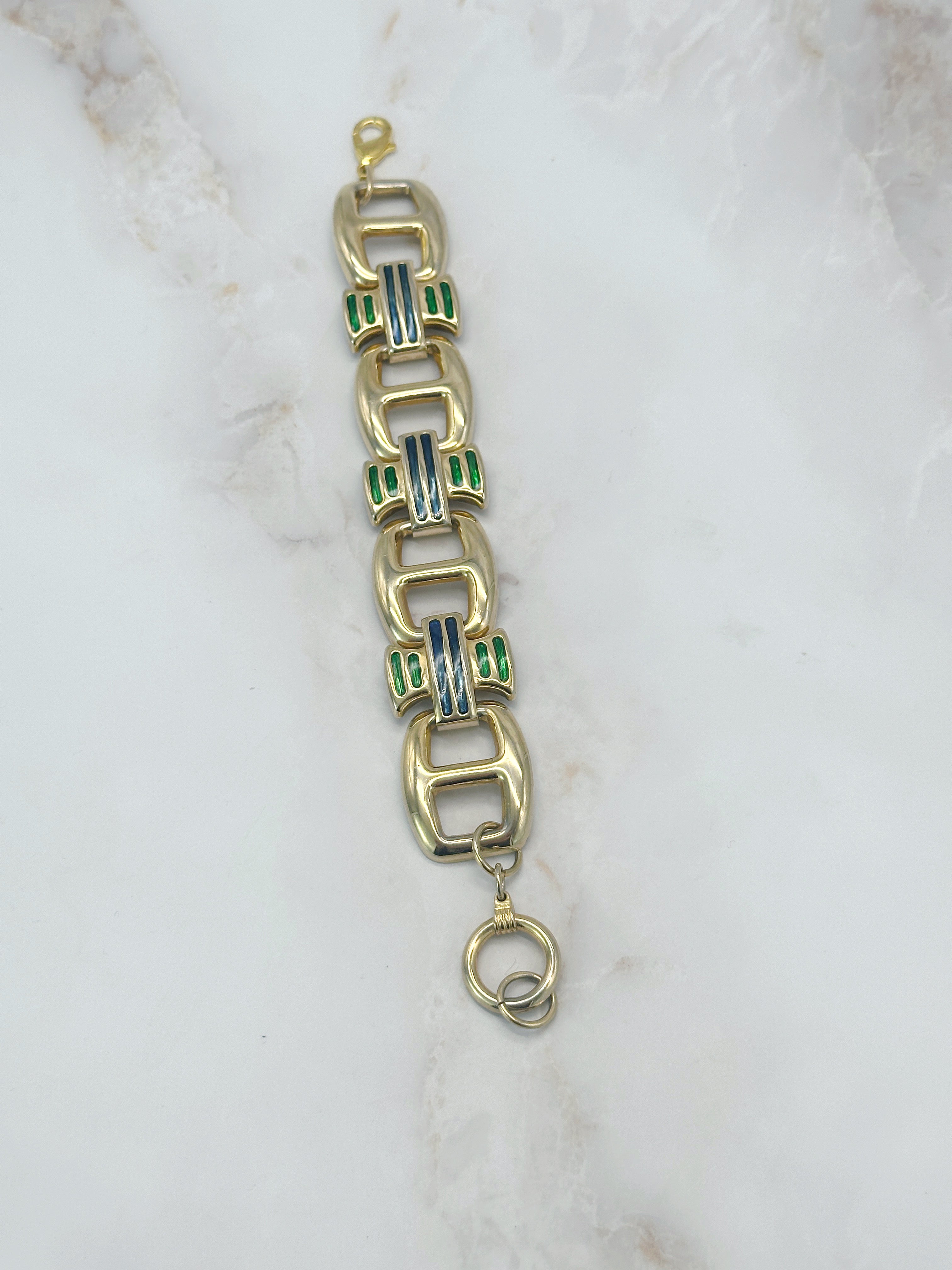Vintage Bracelet Gold Plated Enamel Green Blue
