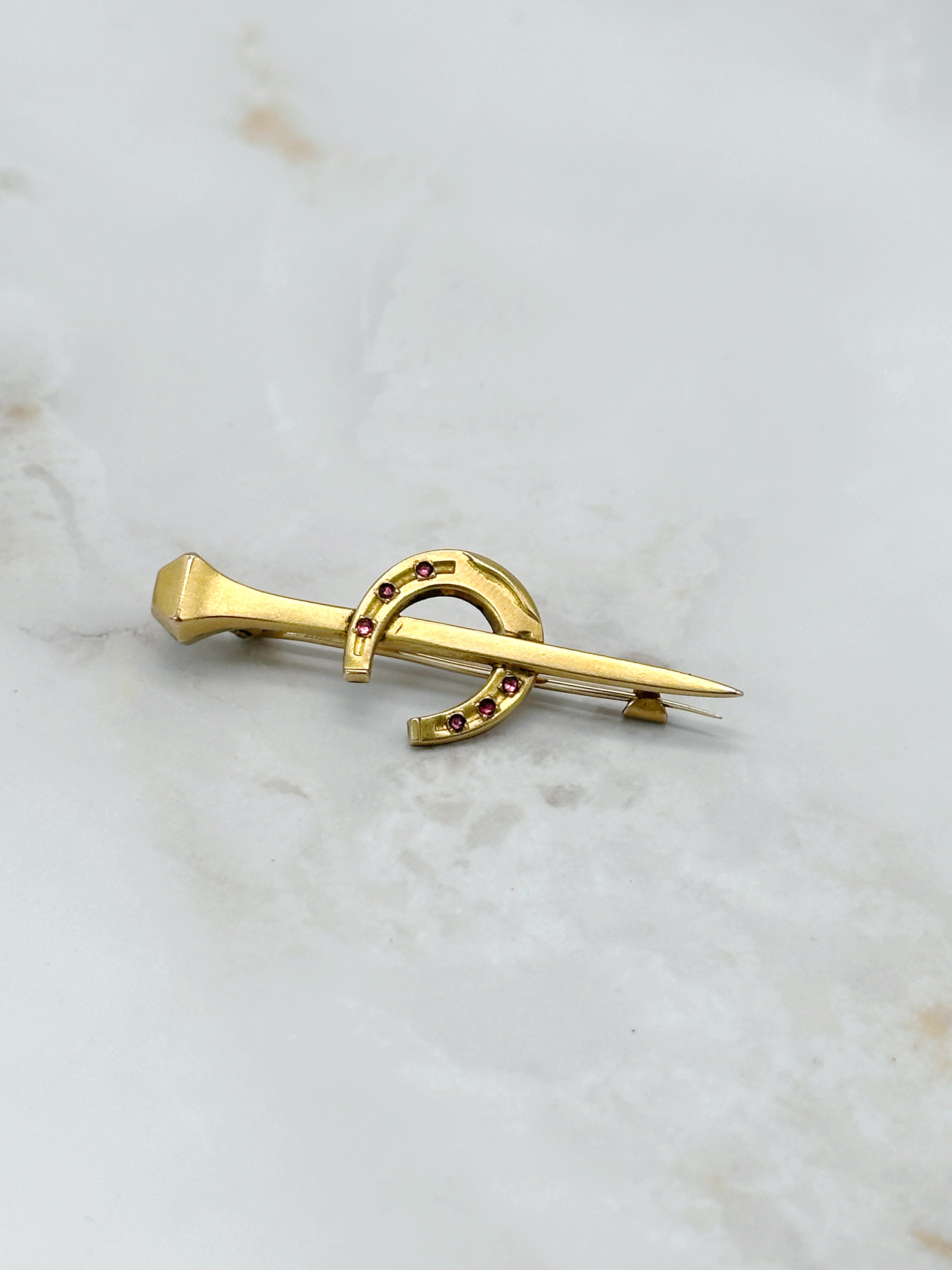 Vergoldete Vintage Brosche Hufeisen & Nagel