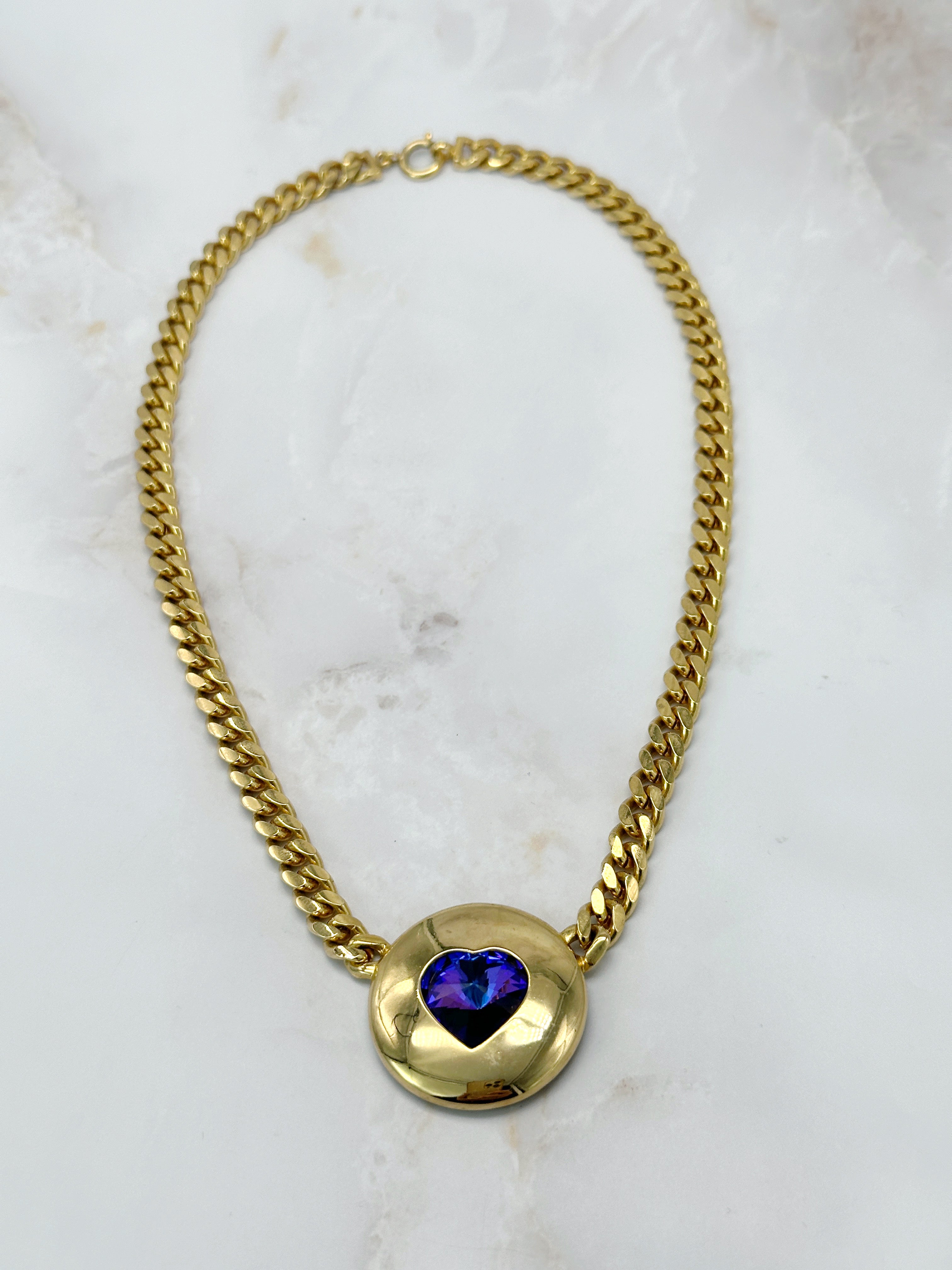 Vergoldete Vintage Panzerkette mit changierendem Herz-Mittelstück in Lila-Blau