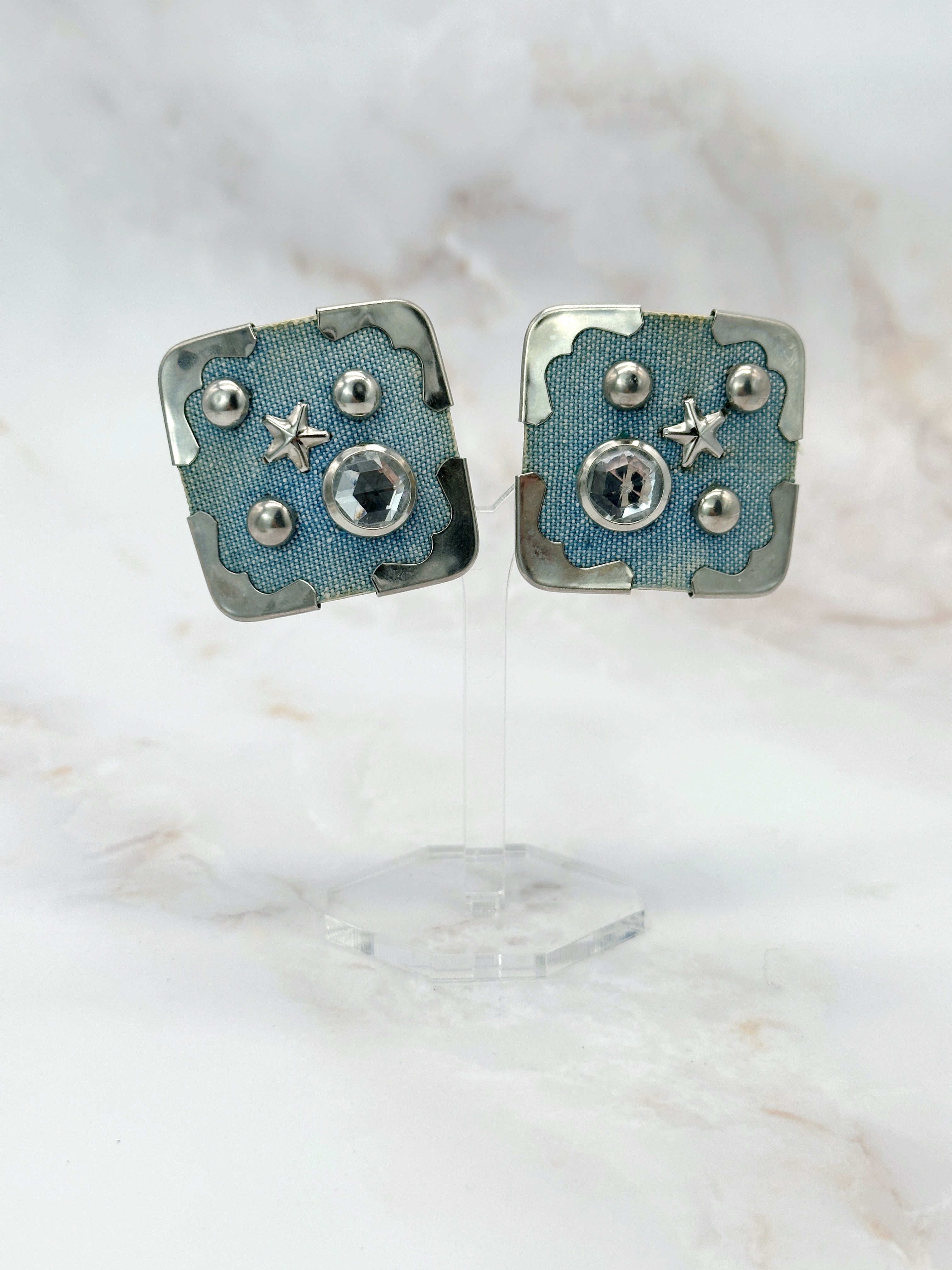 Vintage Statement-Ohrclips mit Jeansstoff und Strass-Stern