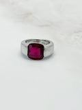 Silver ring with ruby-red glass stone square