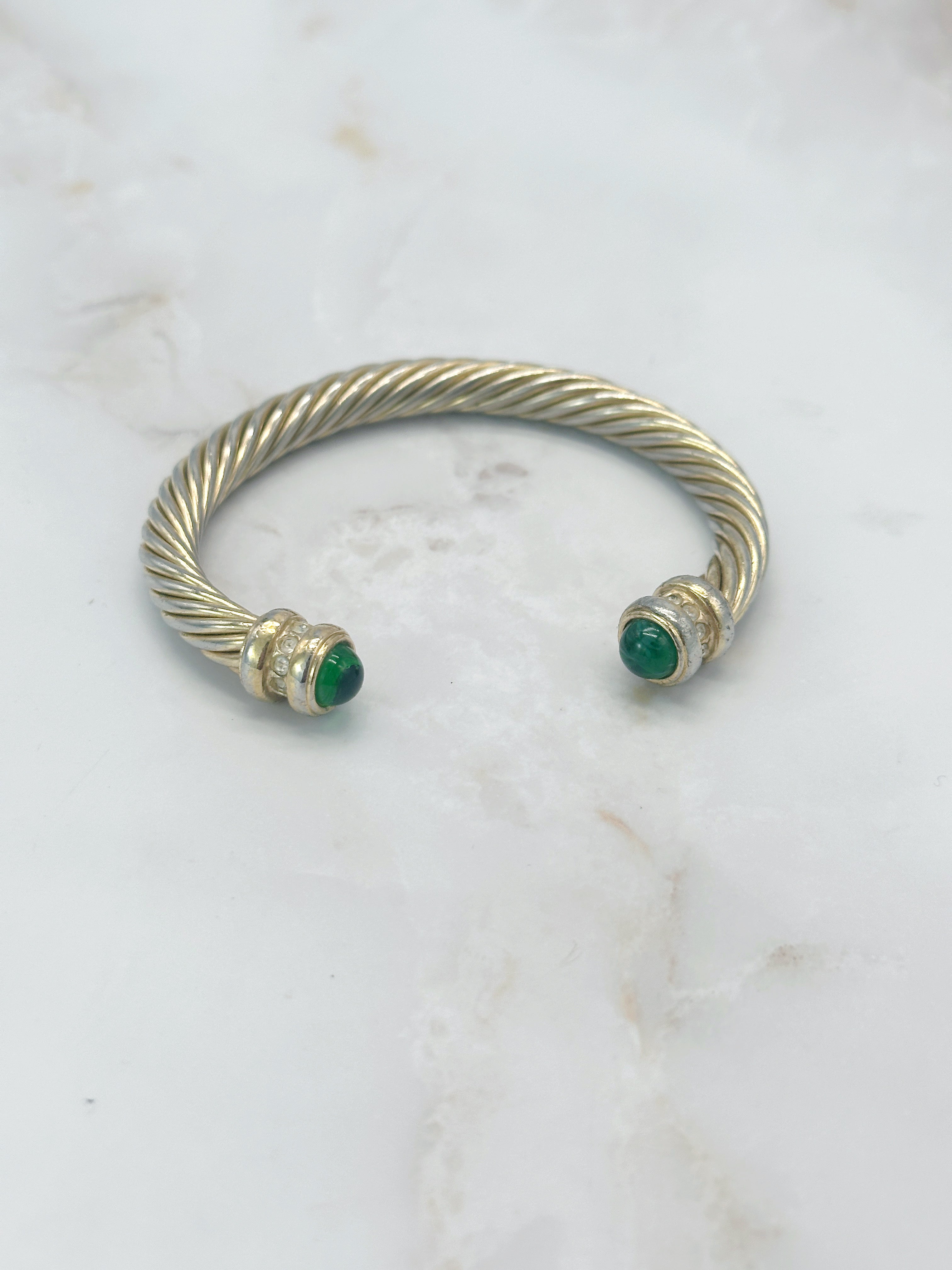 Open Vintage Bangle Green Glass Cabochon Rhinestone Gold Plated