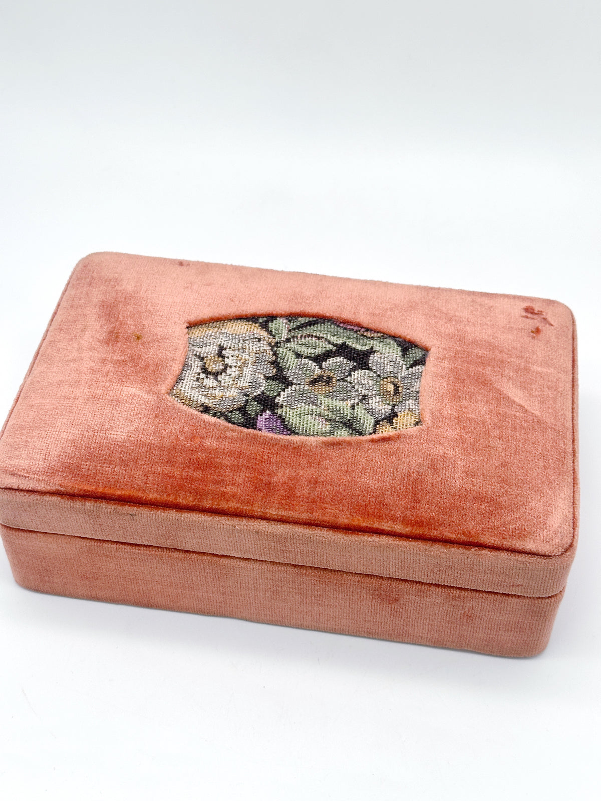Vintage Schmuckschatulle aus Samt mit floralem Textileinsatz