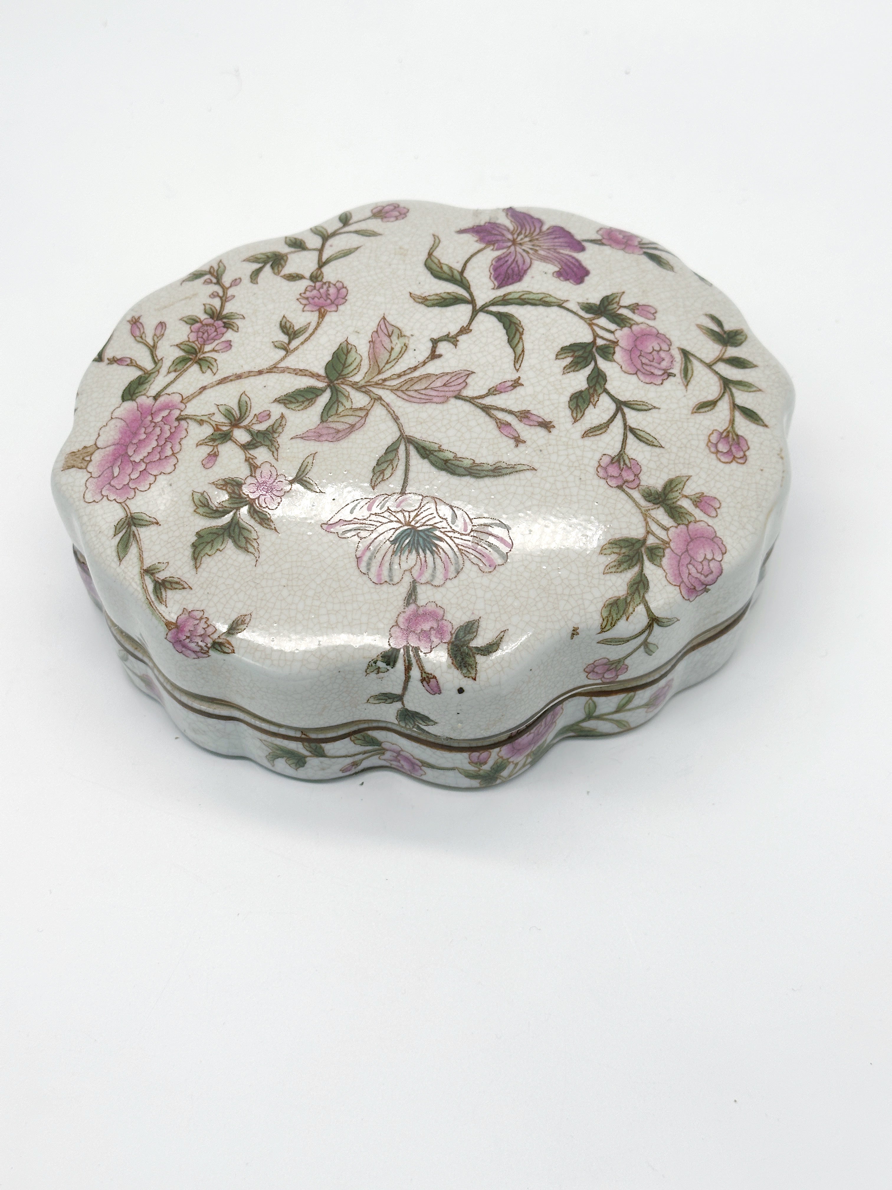 Nostalgische Keramik-Deckeldose mit Blumenmotiv und Craquelé