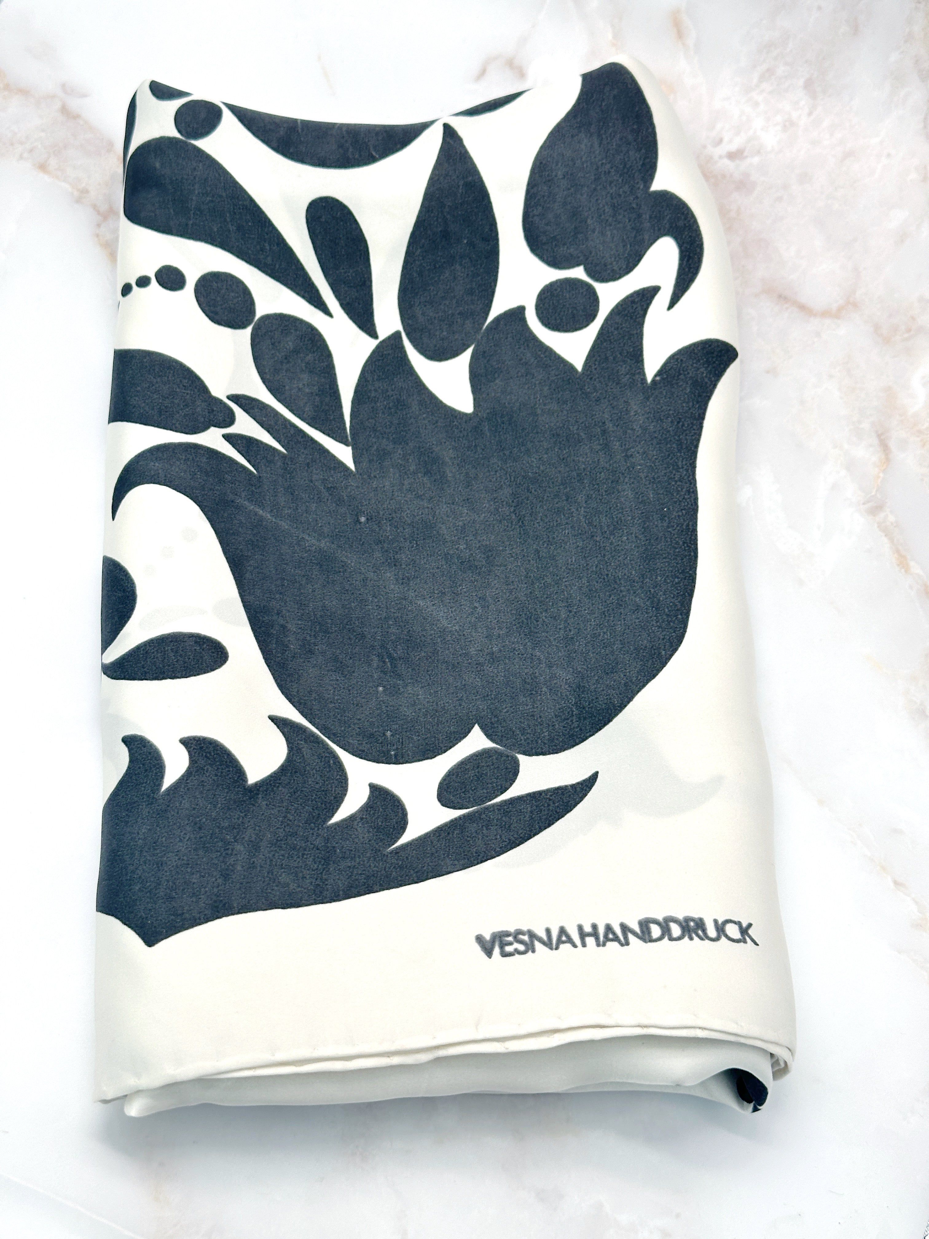 Vintage silk scarf hand-printed black and white