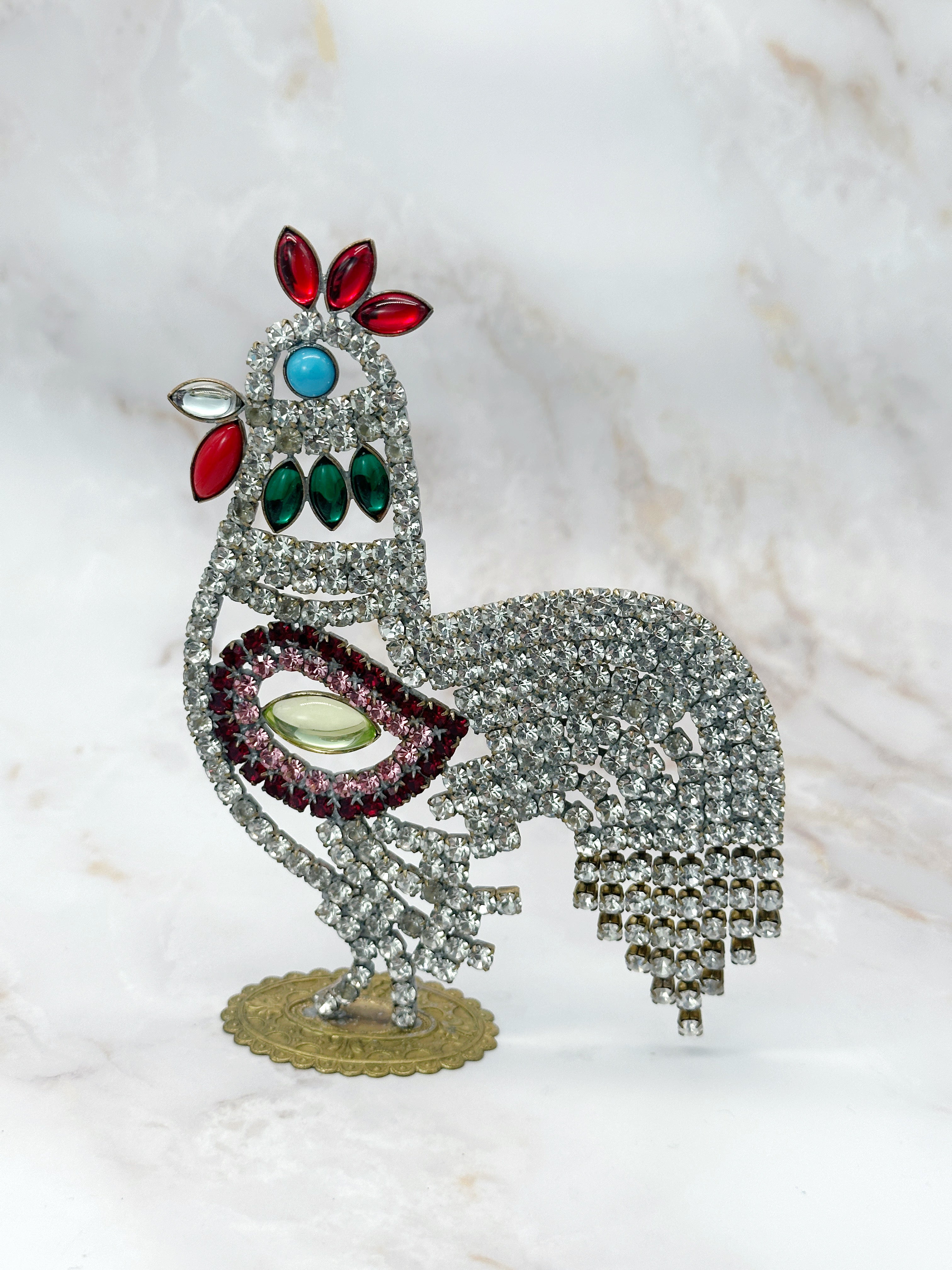 Kunstvoller Gablonzer Hahn mit beweglichen Elementen und Glaskristallen