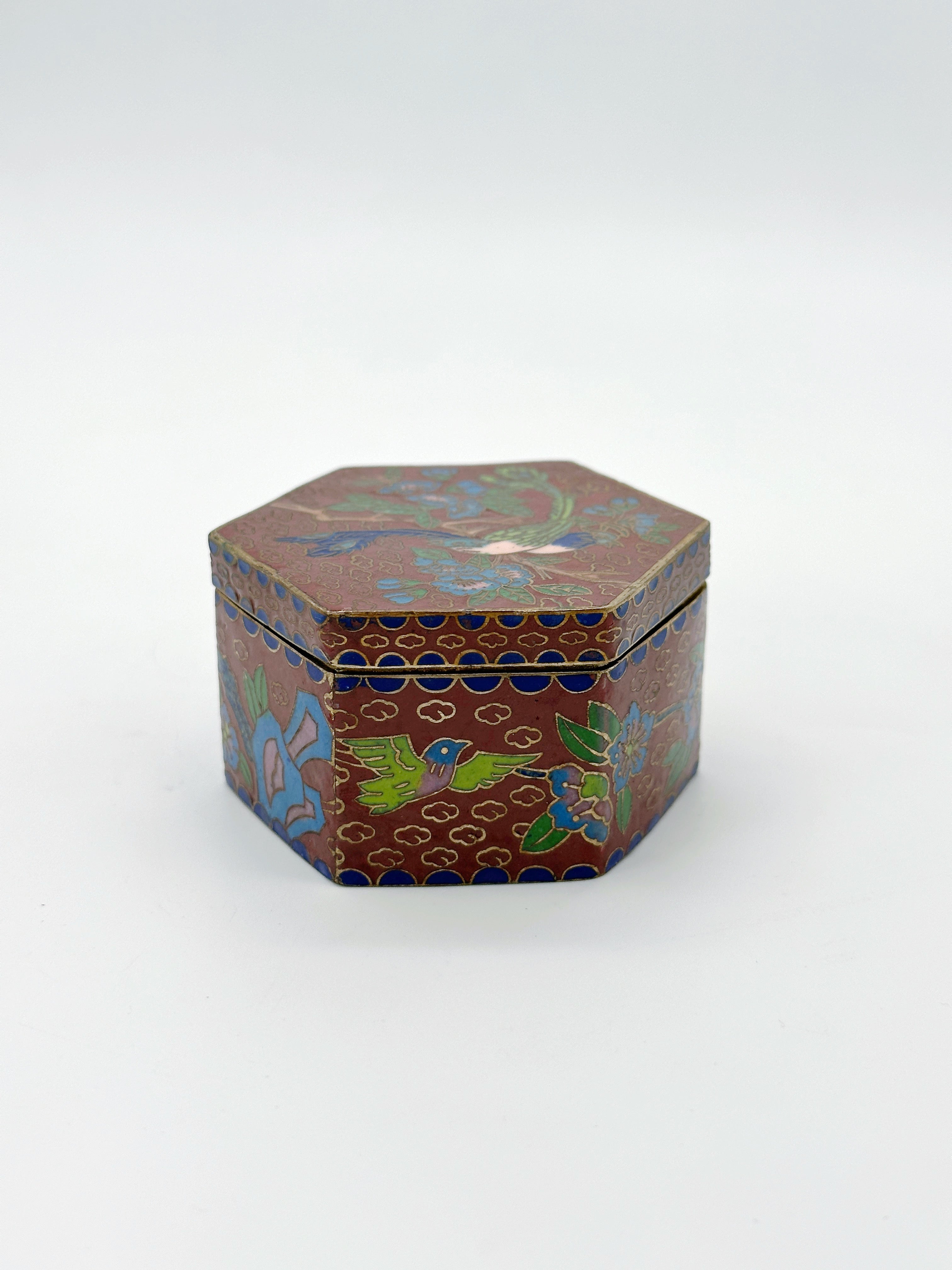Kleine Cloisonné Deckeldose Vogel & Blumen Vintage