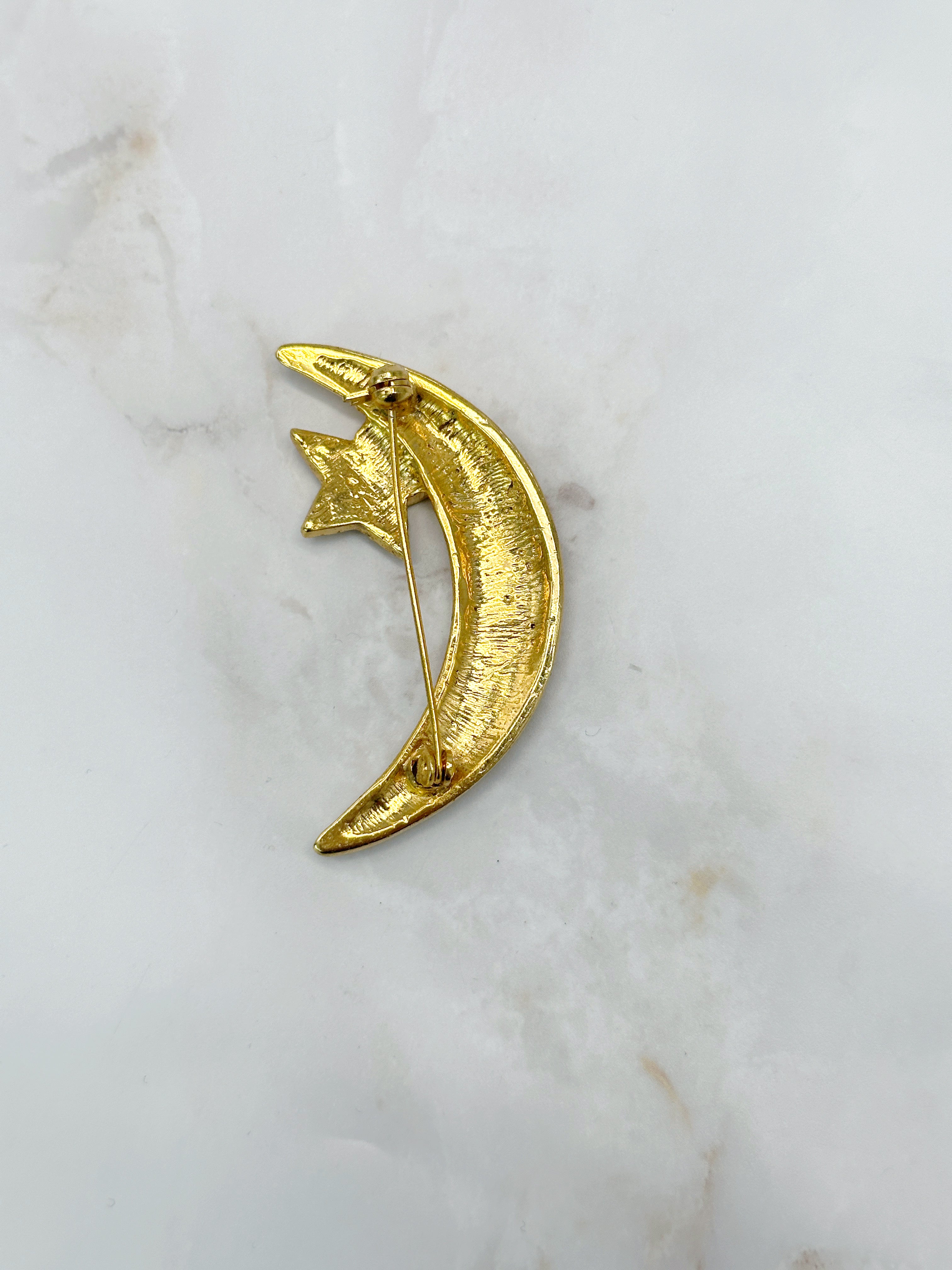 Vintage Brosche Mondsichel mit Strass-Stern und Emaille in Rot oder Grün