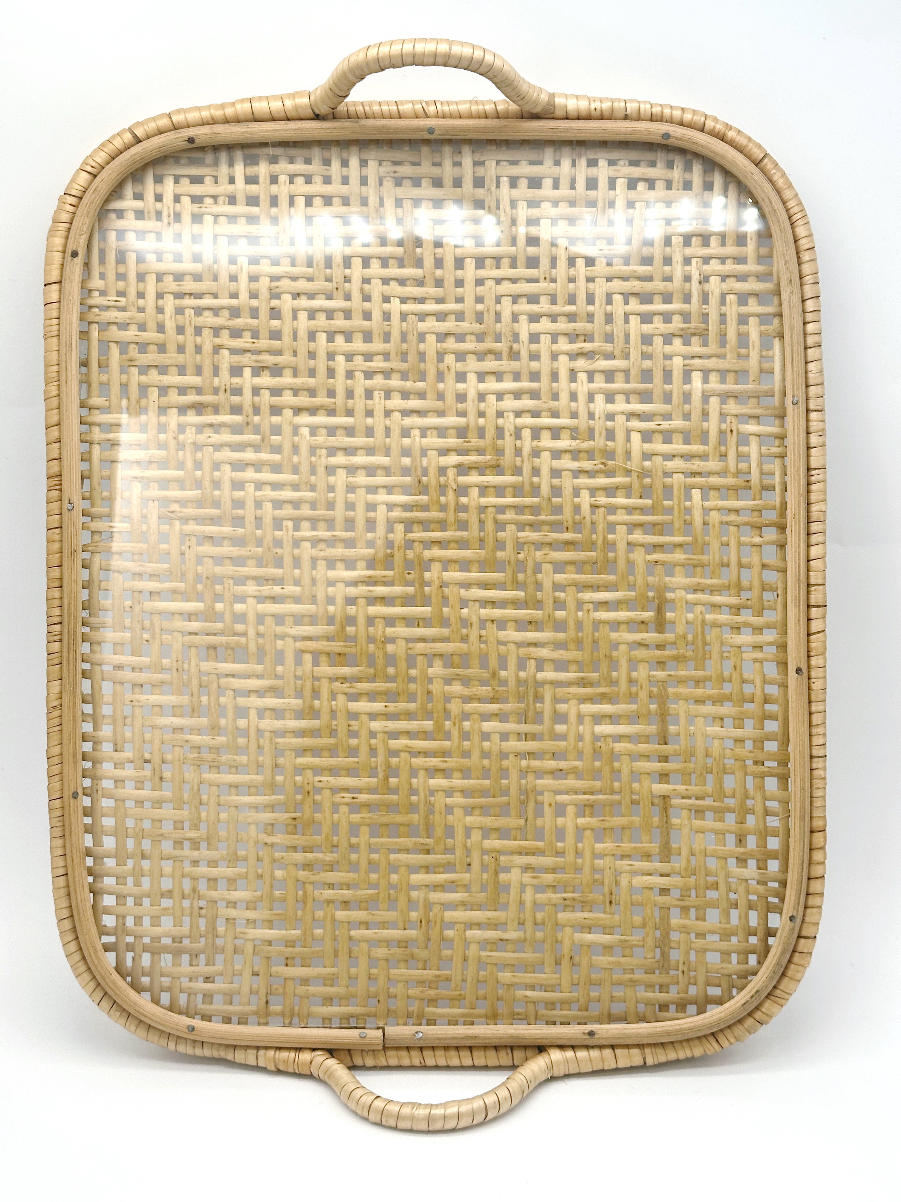 Vintage Rattan Tablett mit Glasplatte Midcentury
