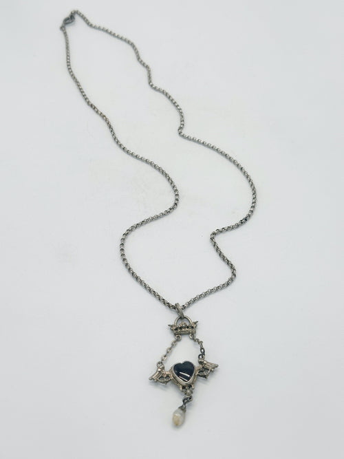 Antike Herz-Halskette mit Granat und Perle um 1900 Silber