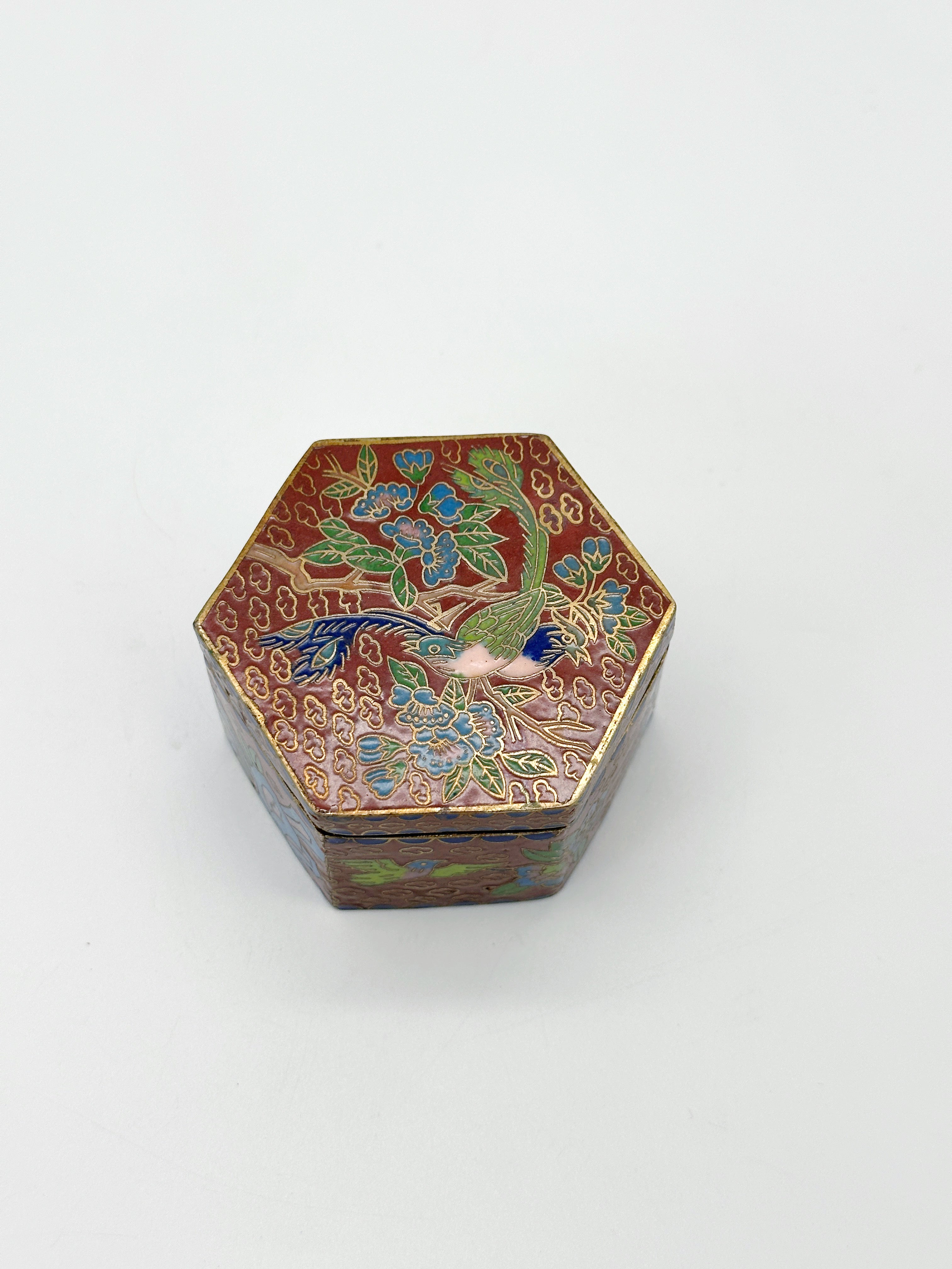 Kleine Cloisonné Deckeldose Vogel & Blumen Vintage