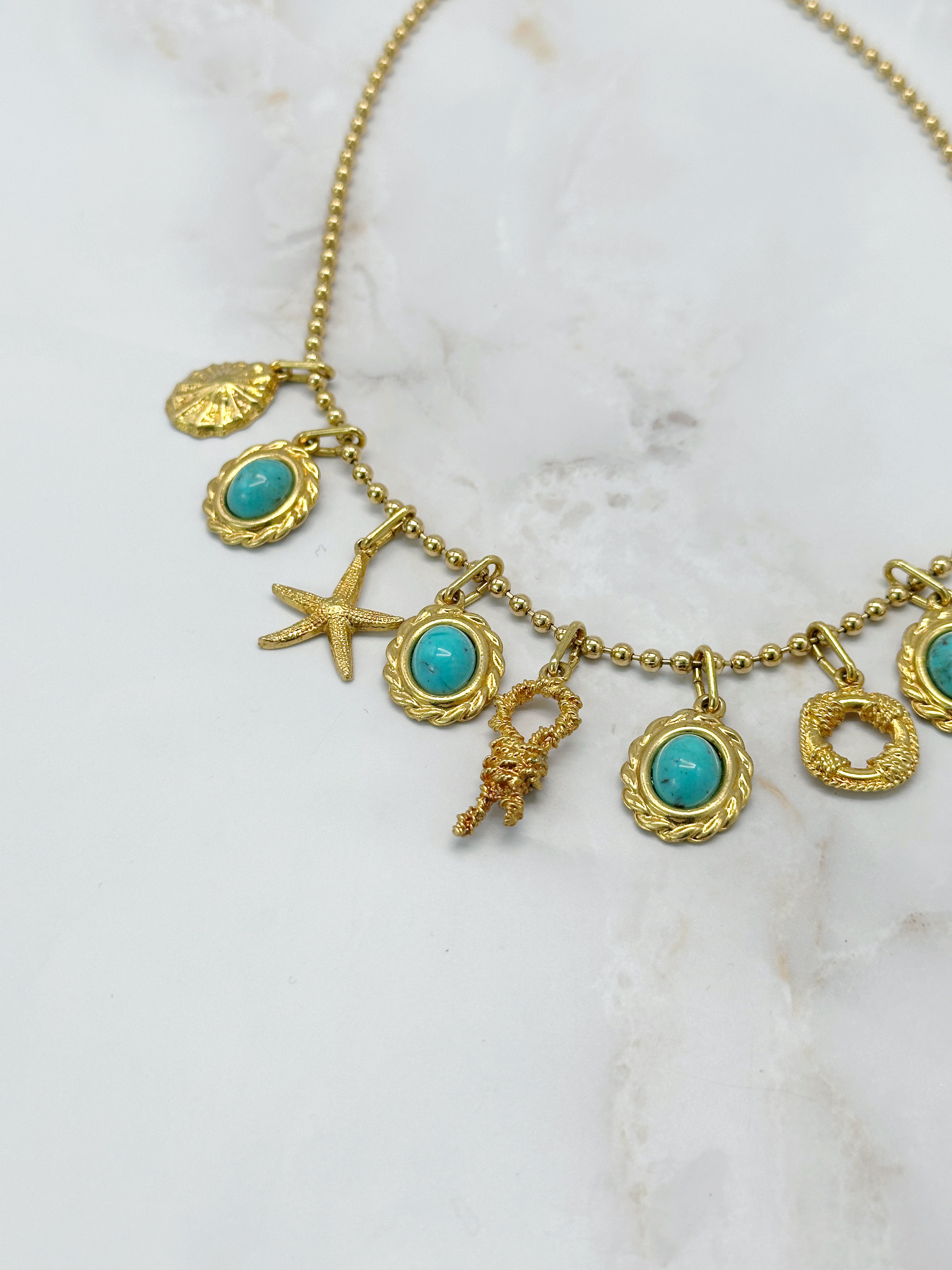 Vintage Kugelkette mit maritimen Anhängern und türkisen Glassteinen
