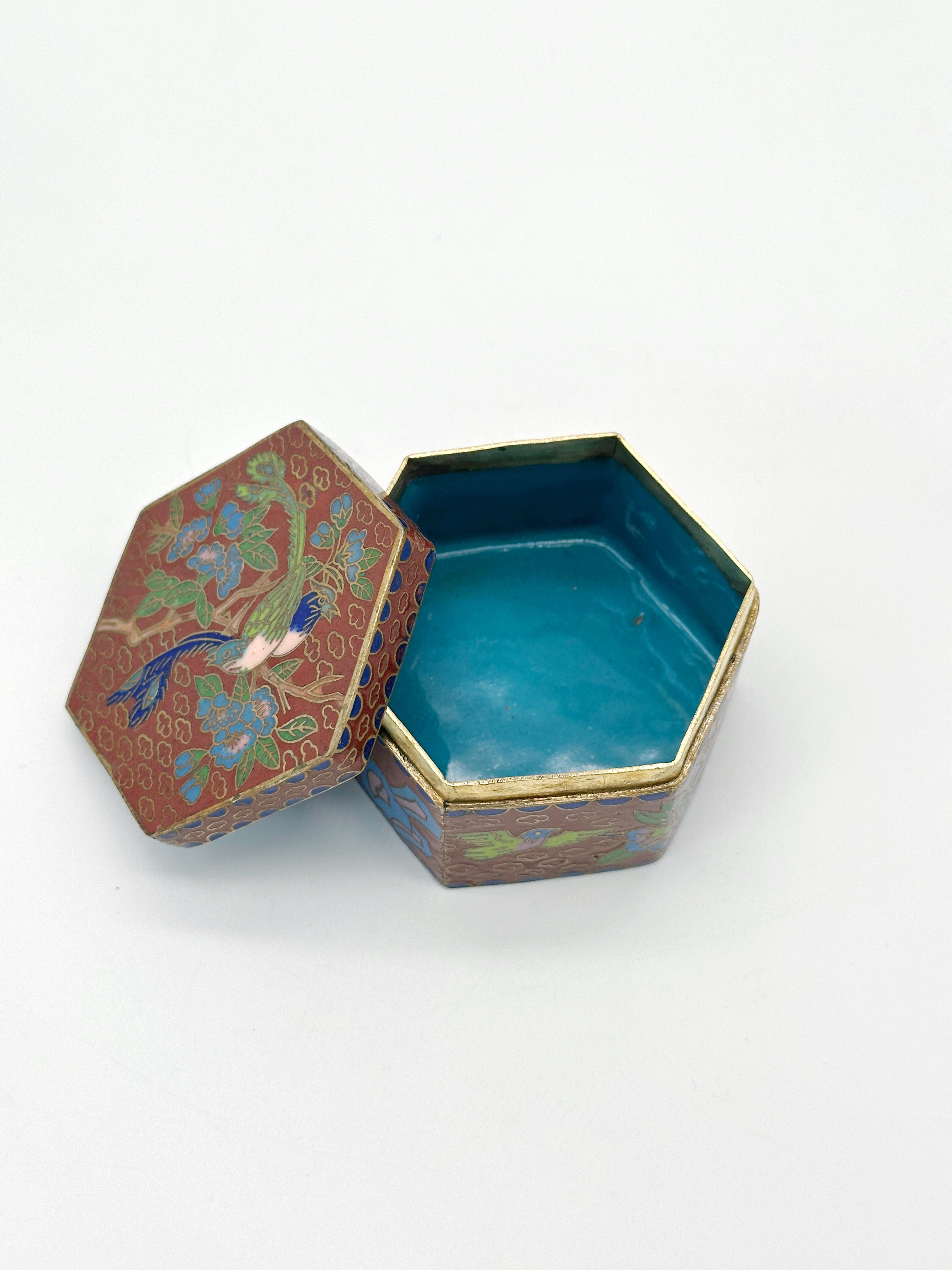 Kleine Cloisonné Deckeldose Vogel & Blumen Vintage