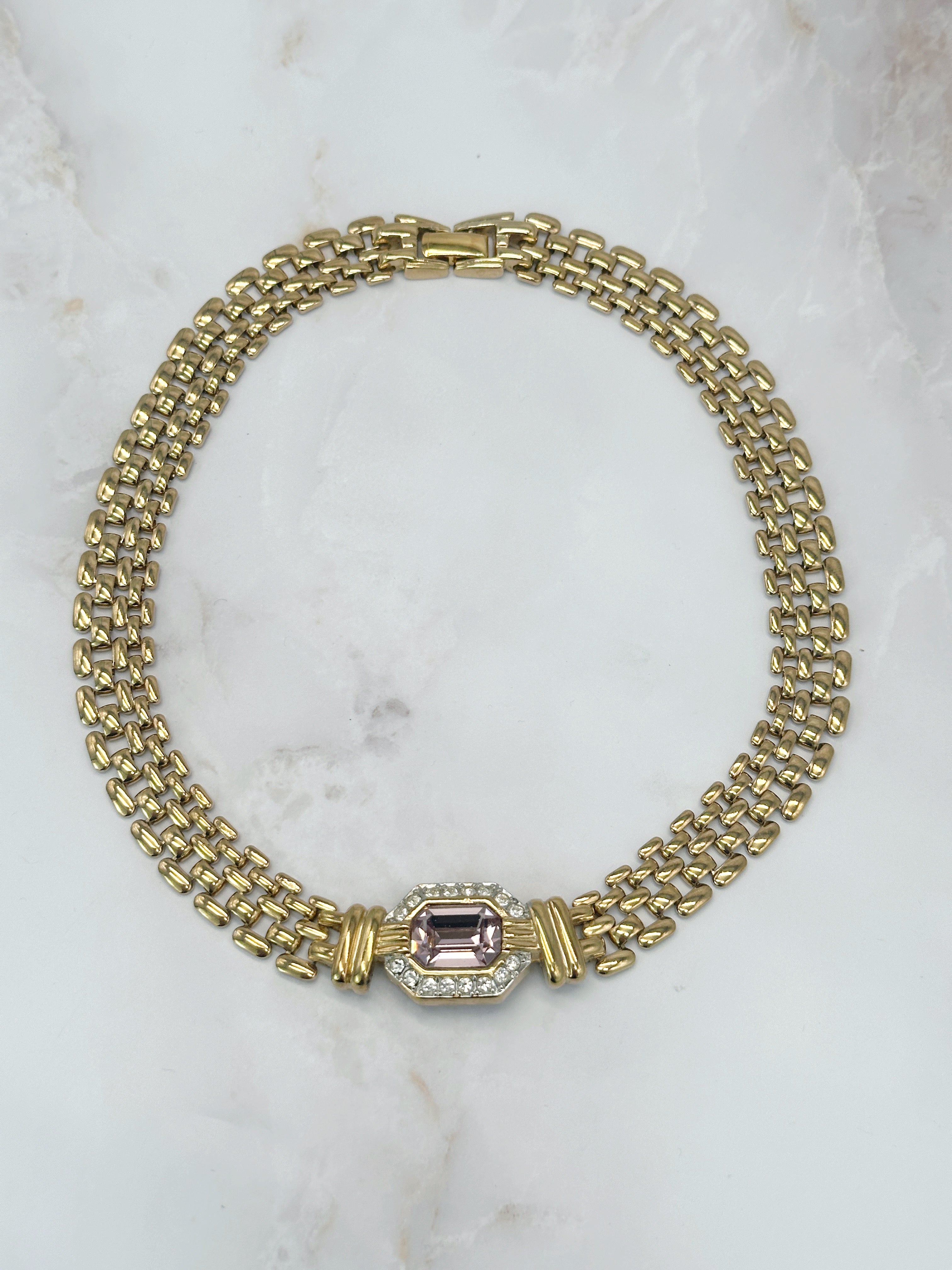 Zarte Vintage Halskette mit rosa Kristallelement