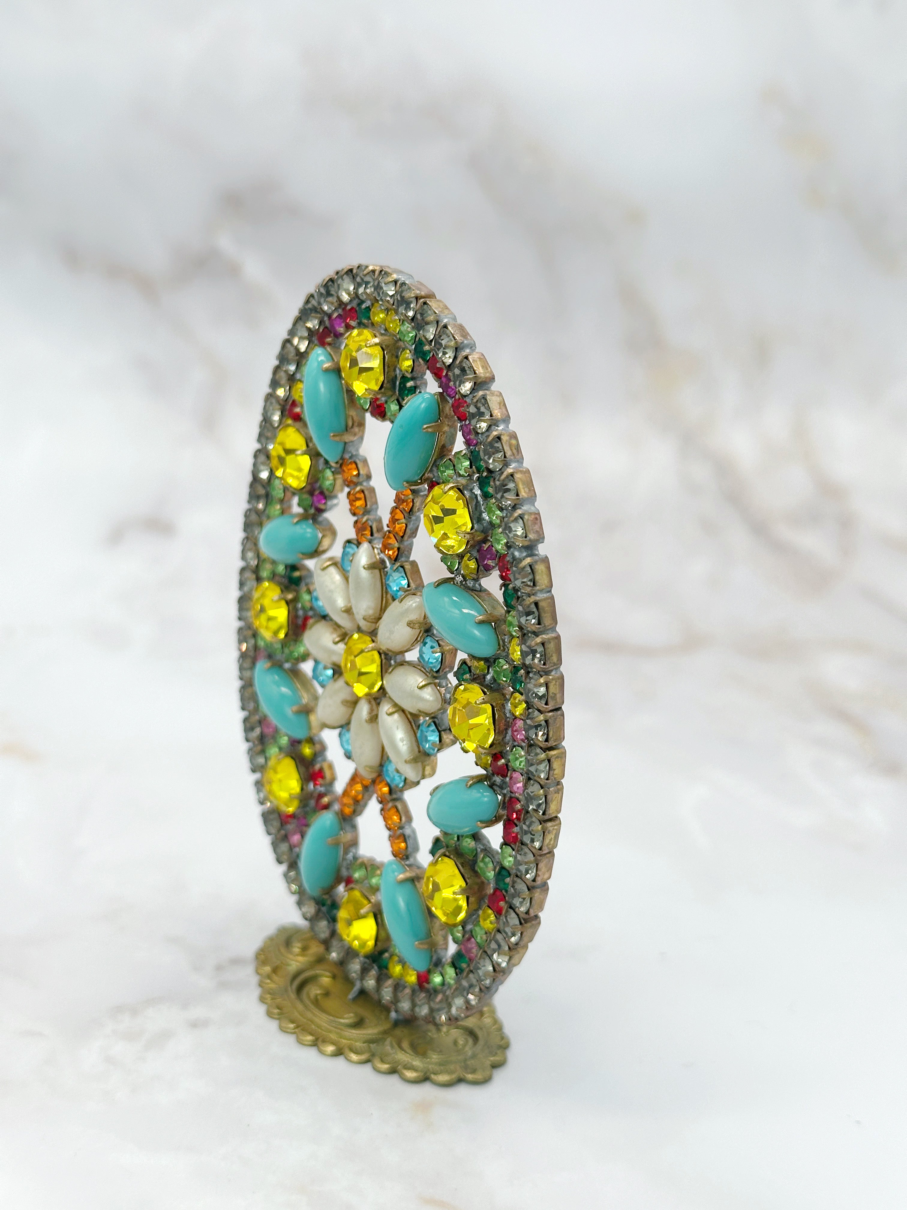 Handgefertigtes Gablonzer Osterei zum Aufstellen in Türkis und Bunt