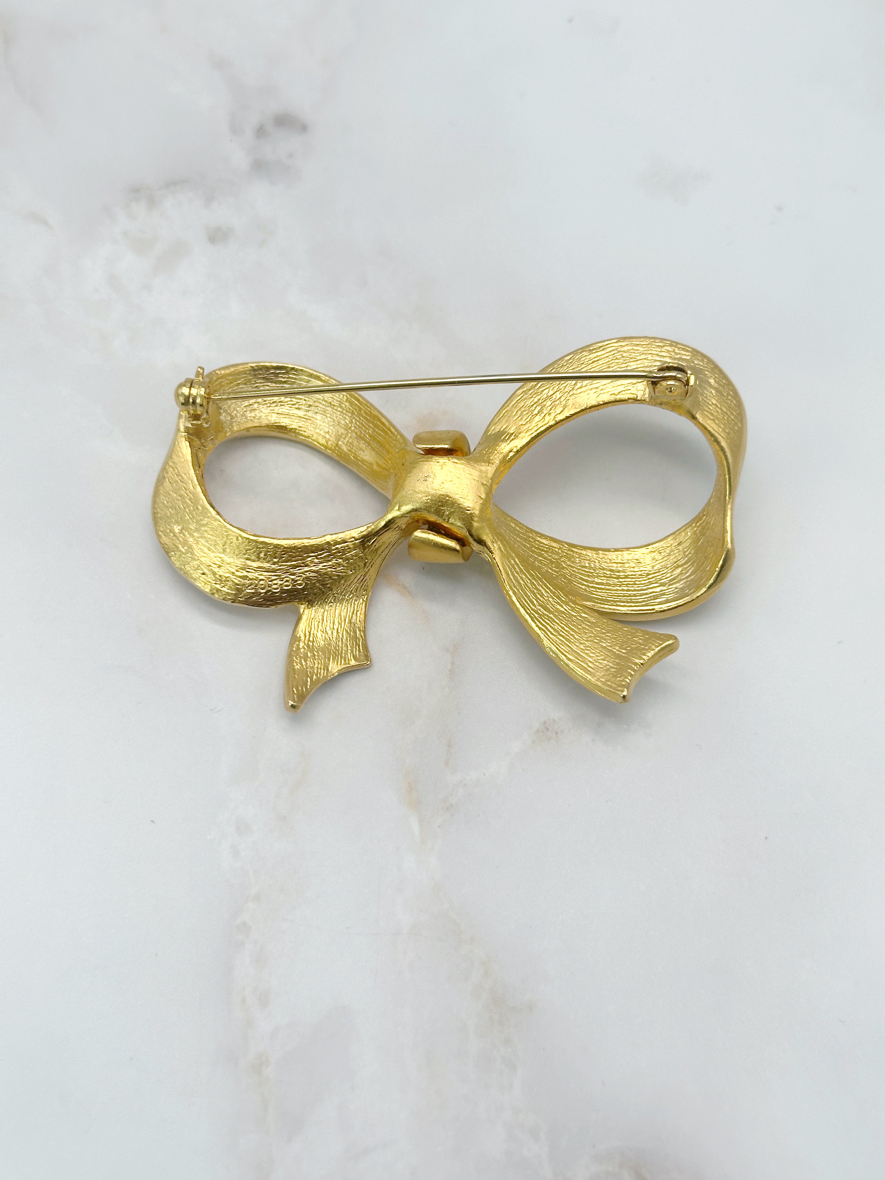 Große Vintage Brosche in Schleifenform vergoldet mit Strass