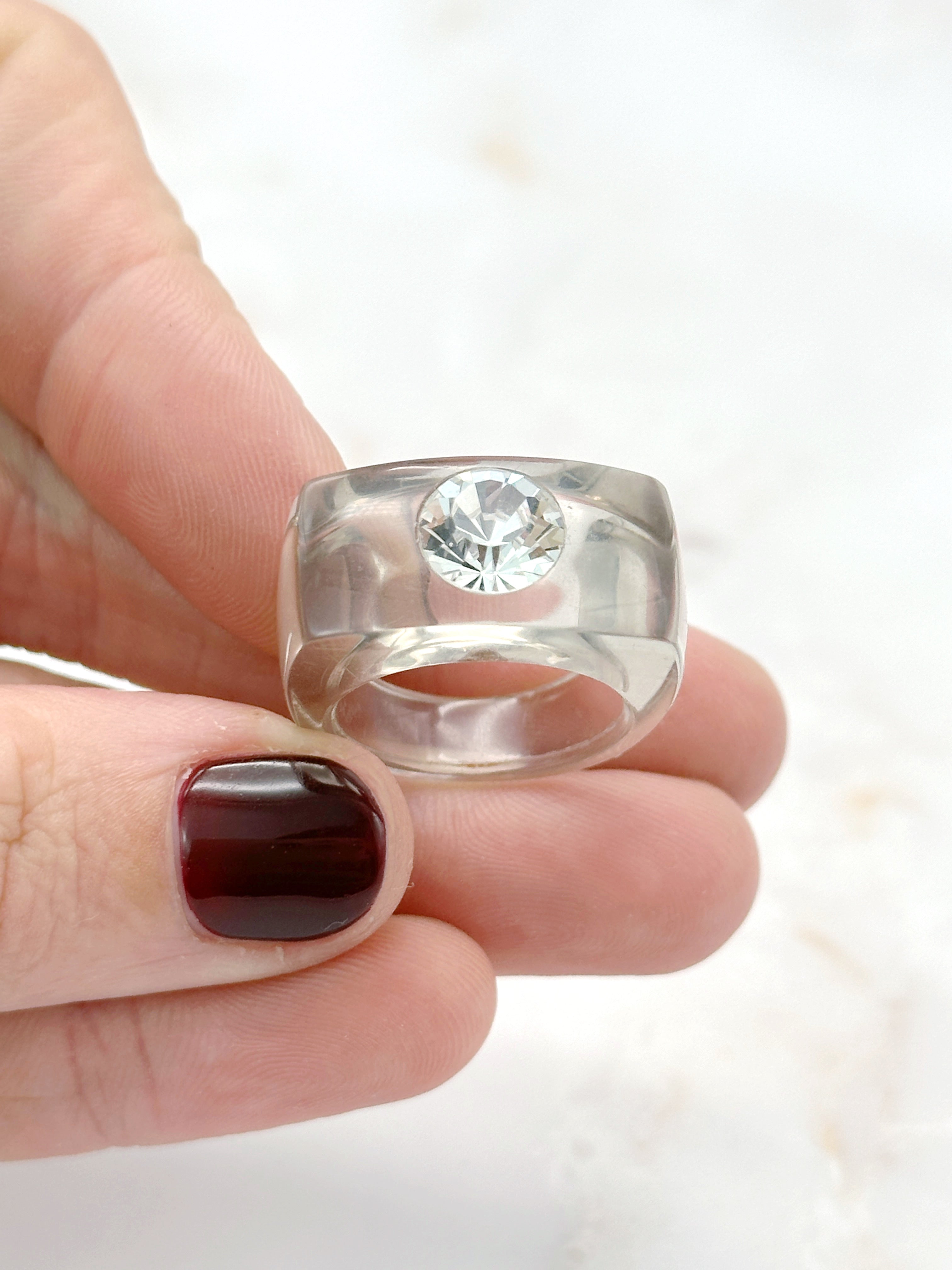 Vintage plexiglass ring with rhinestones