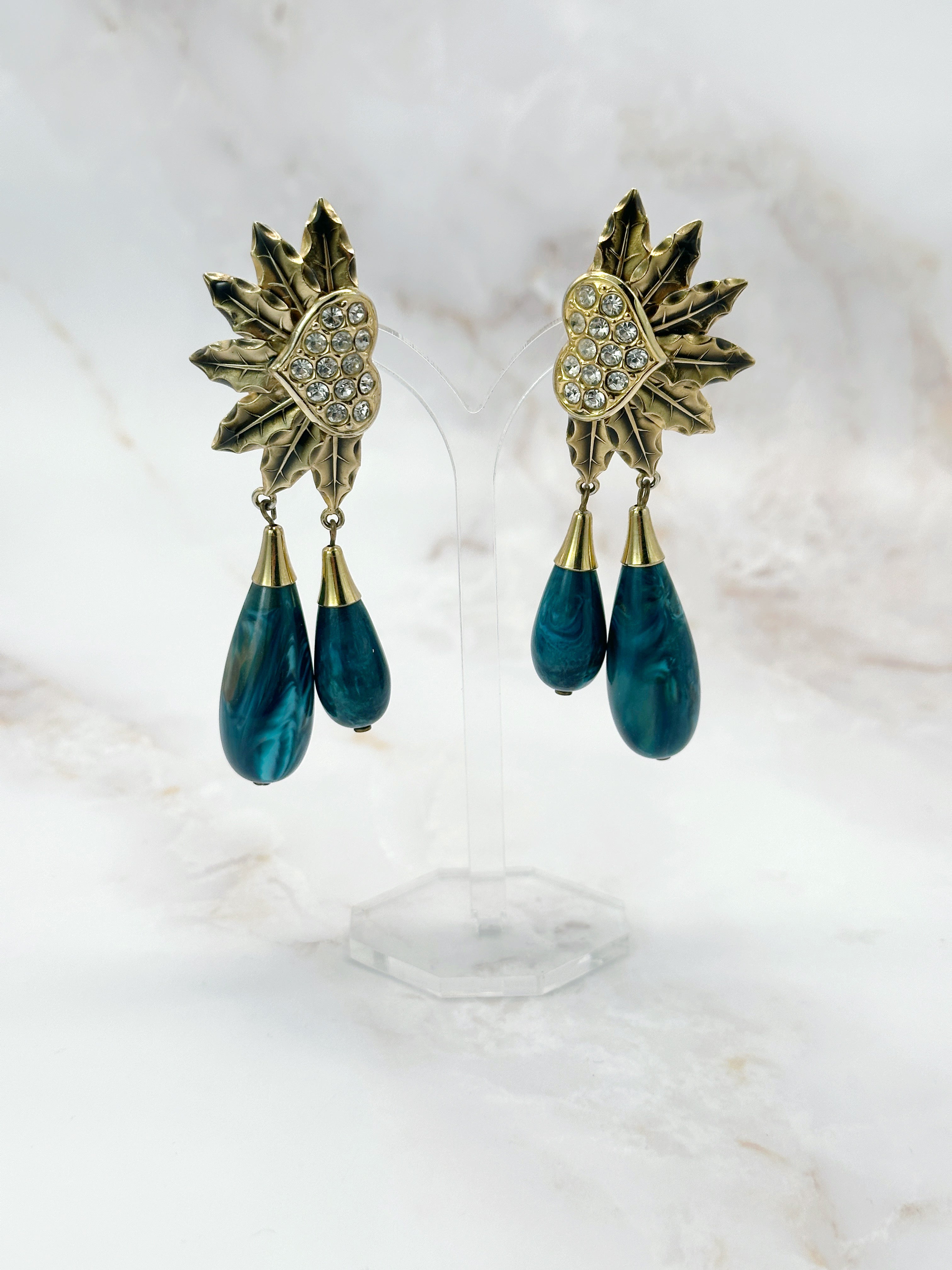 Vergoldete Vintage Statement Ohrclips mit Herz, Strass und türkisem Tropfen-Behang