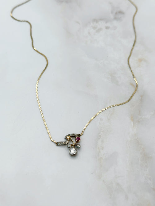 Antique Art Nouveau Necklace Gold Diamond Ruby