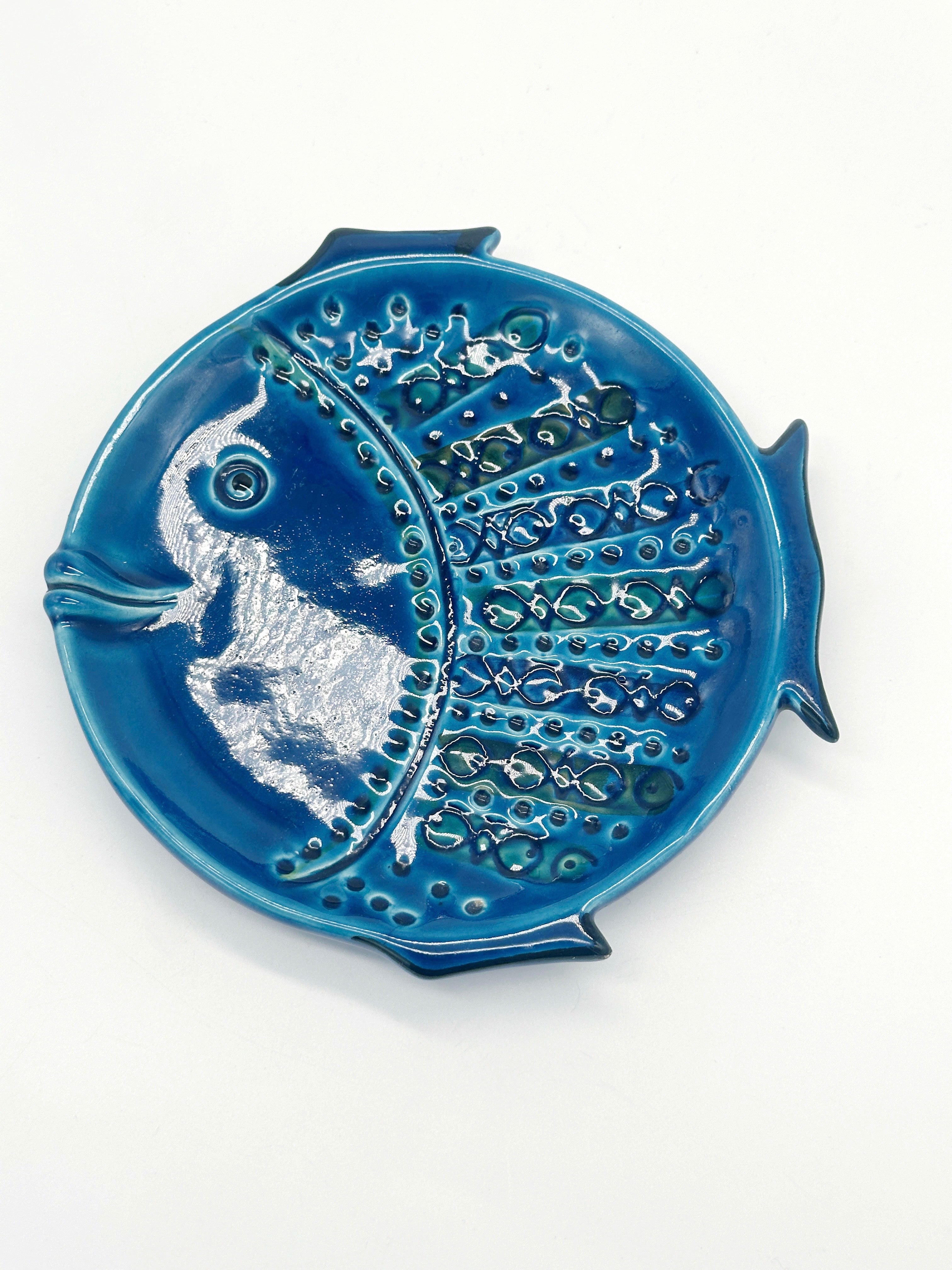 Italienische Vintage Keramikschale Fisch Rimini Blu von Bitossi
