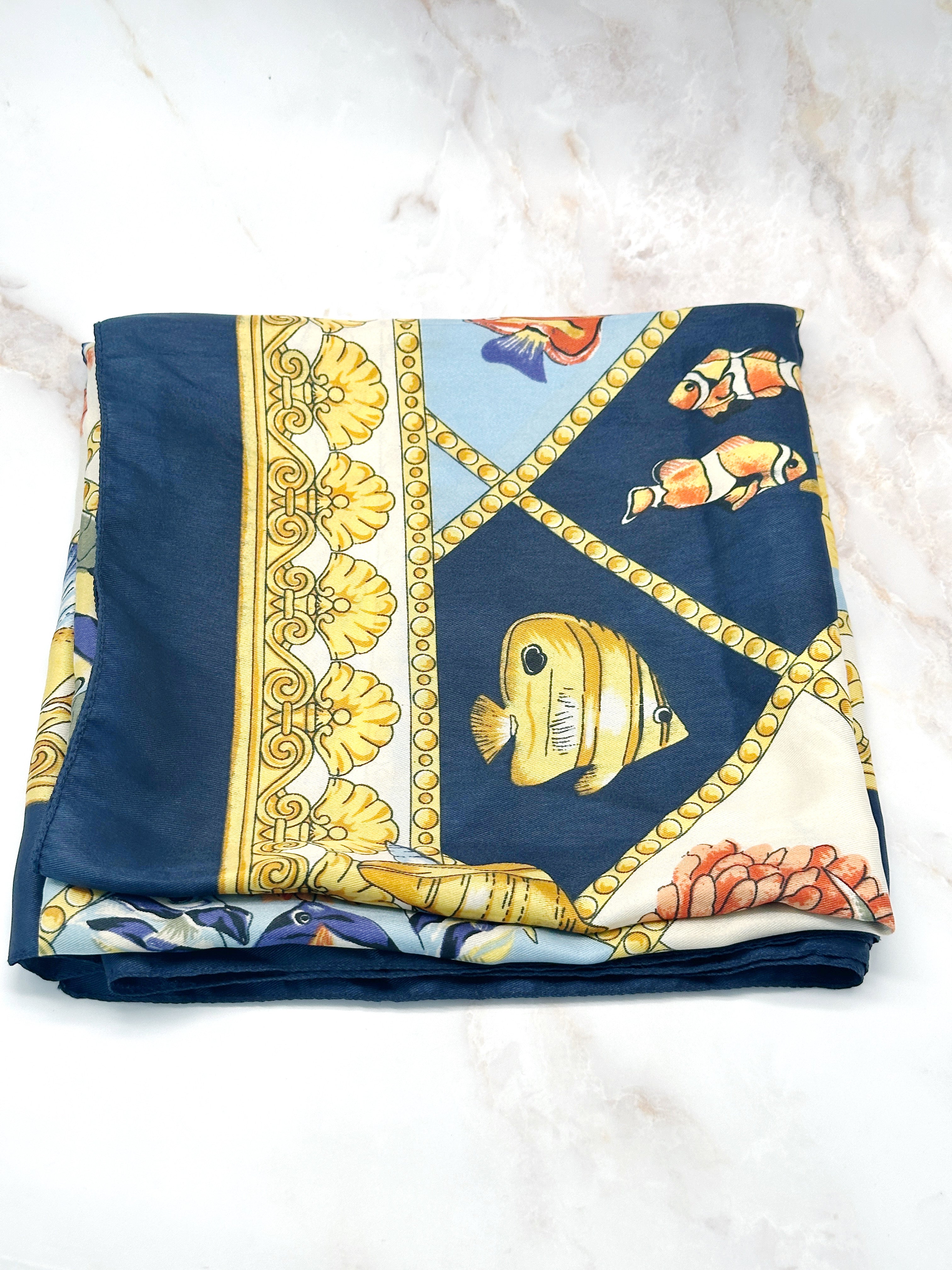 Vintage silk scarf with fish motif blue &amp; coral