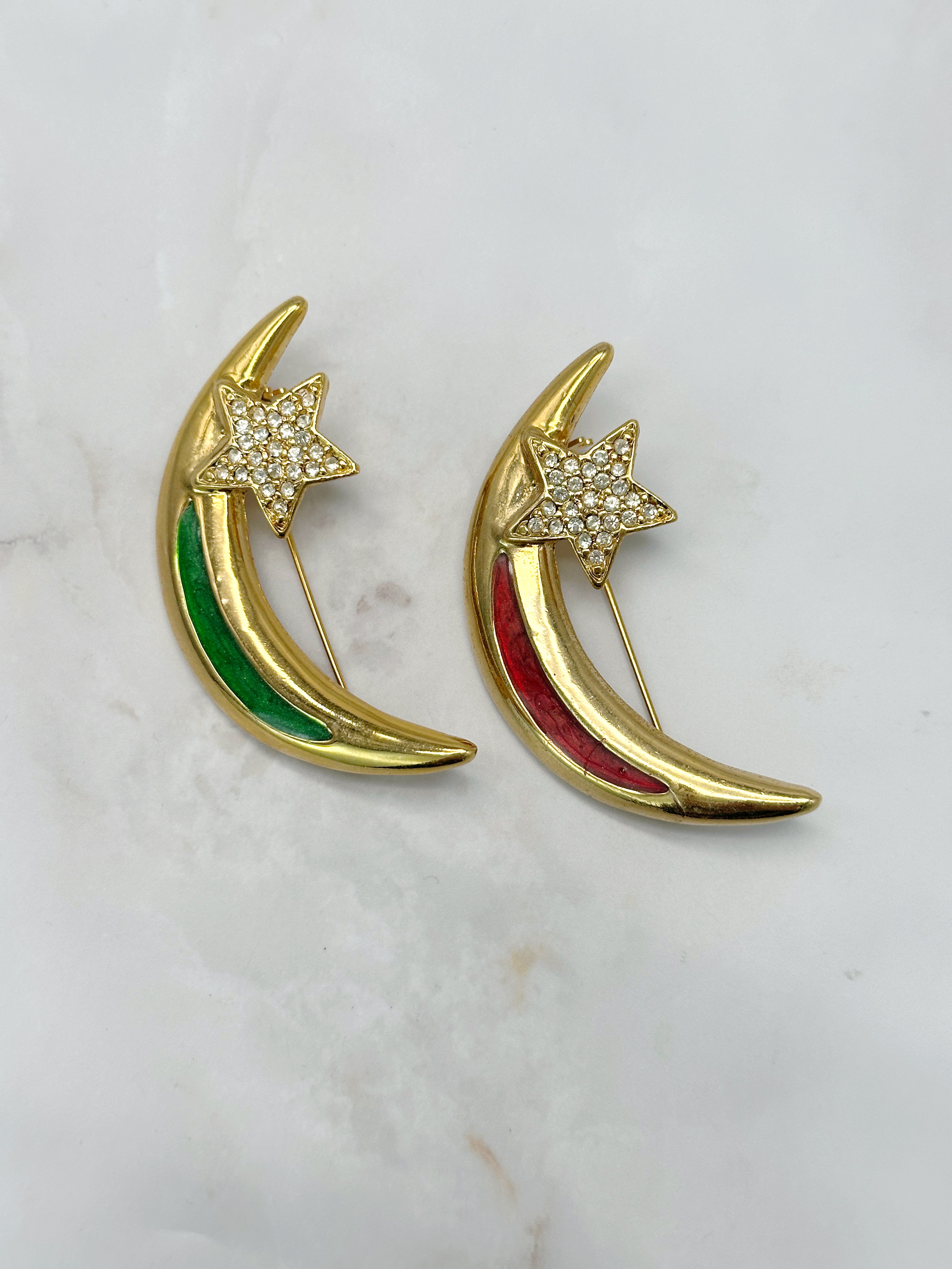 Vintage Brosche Mondsichel mit Strass-Stern und Emaille in Rot oder Grün