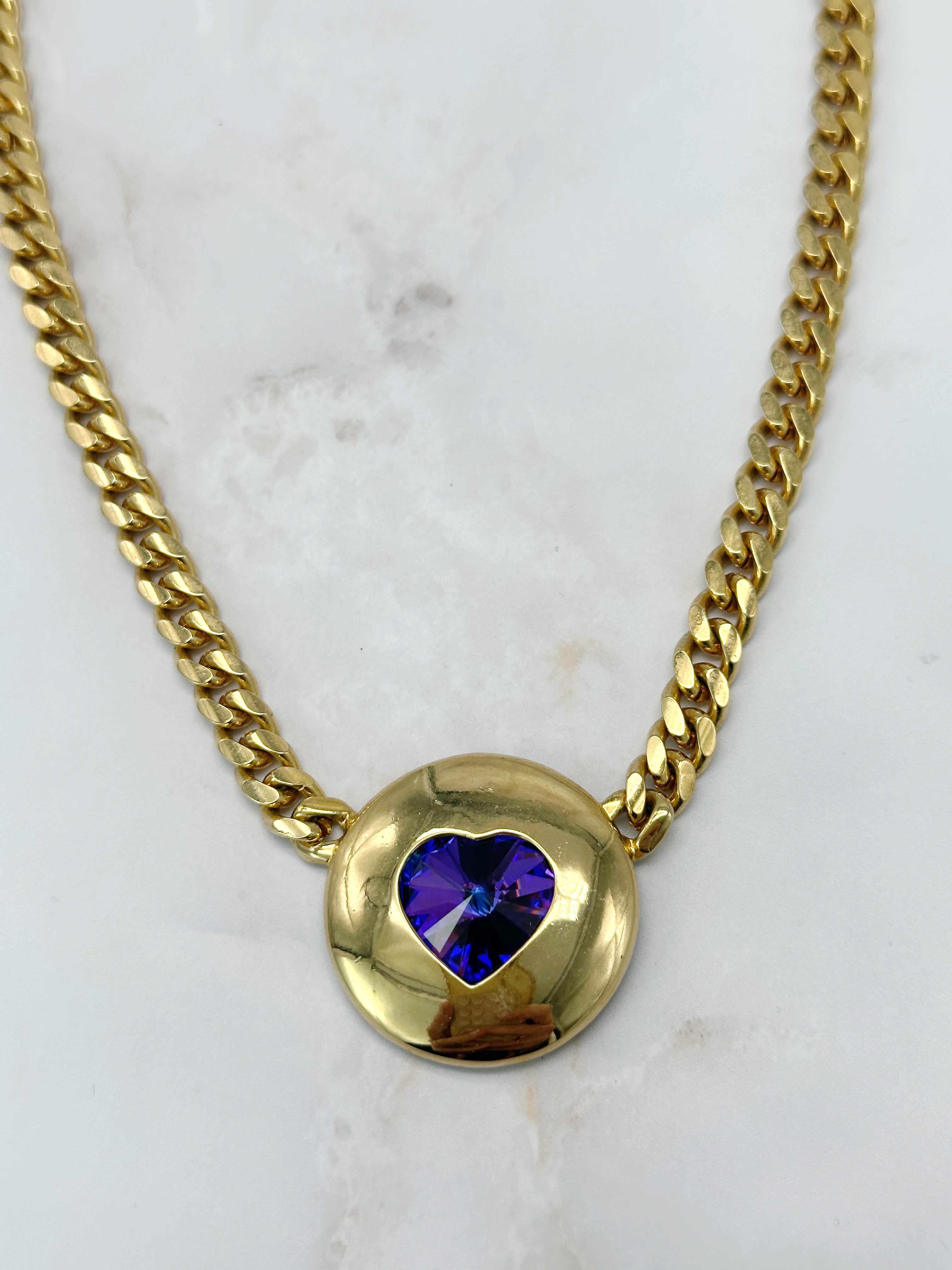 Vergoldete Vintage Panzerkette mit changierendem Herz-Mittelstück in Lila-Blau