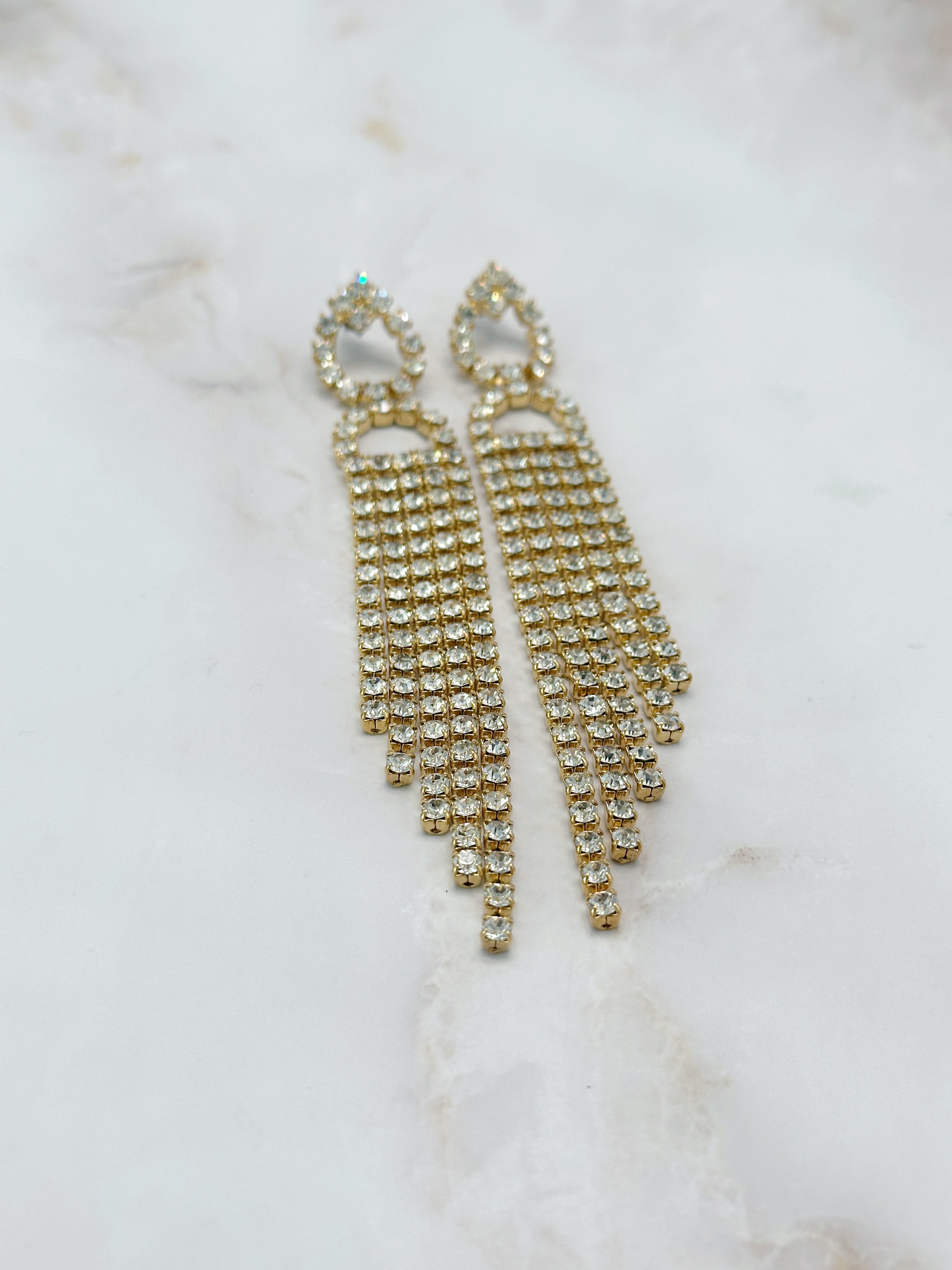 Lange Vintage Wasserfall-Ohrgehänge vergoldet mit Strass