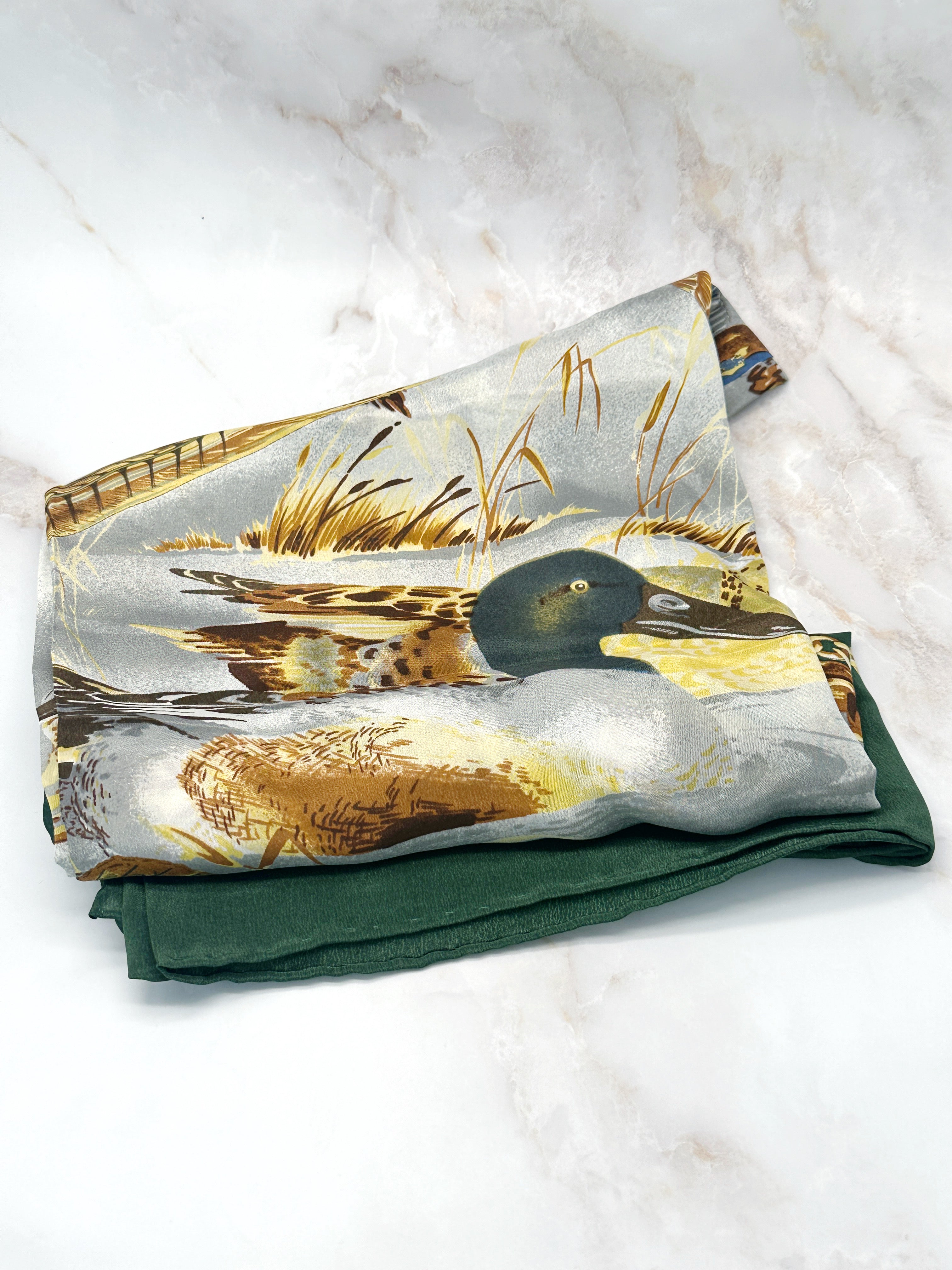 Vintage silk scarf duck motif green &amp; gold