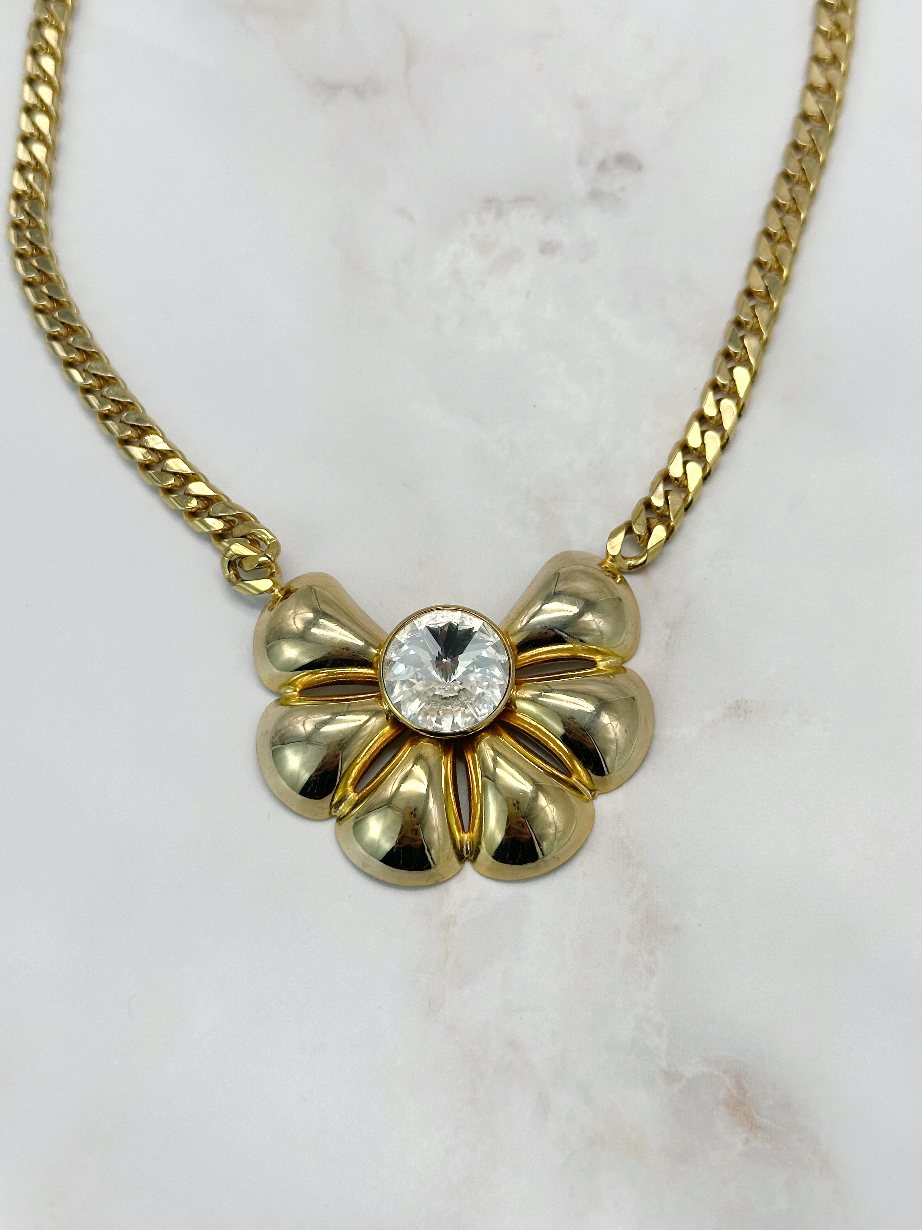 Ausgefallene Vintage Panzerkette mit blumenartigem Strass-Mittelstück
